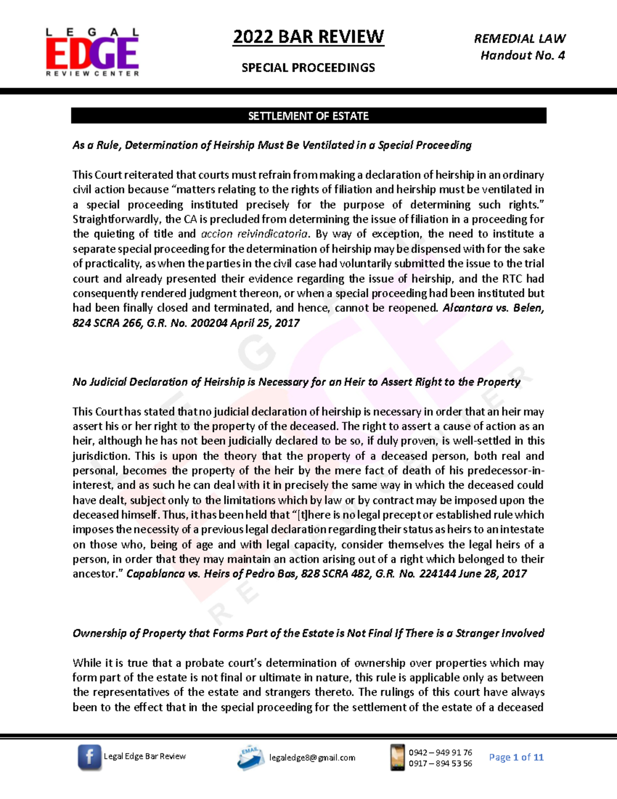 2022 HO 4 - Remedial Law - Special Proceedings - Page 1 of 11 SPECIAL ...