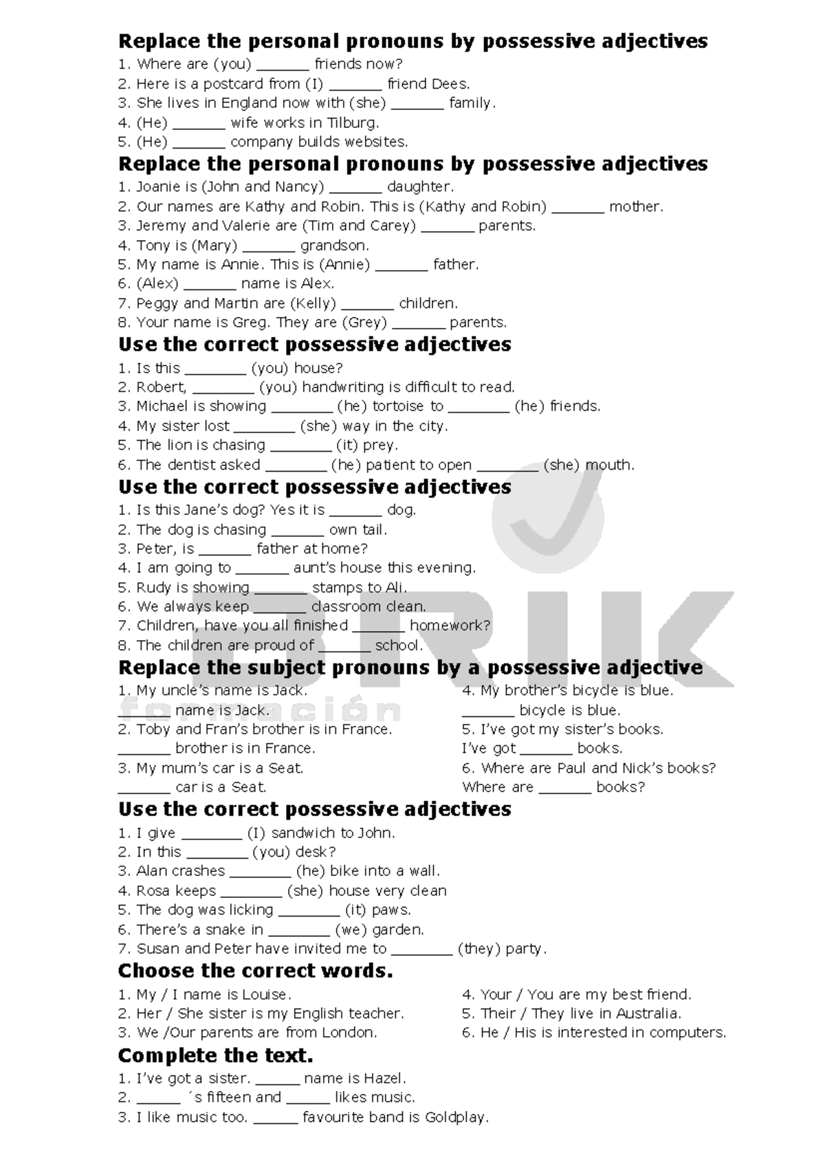 Personal Pronouns and Possessive Adjectives Exercises - Studocu