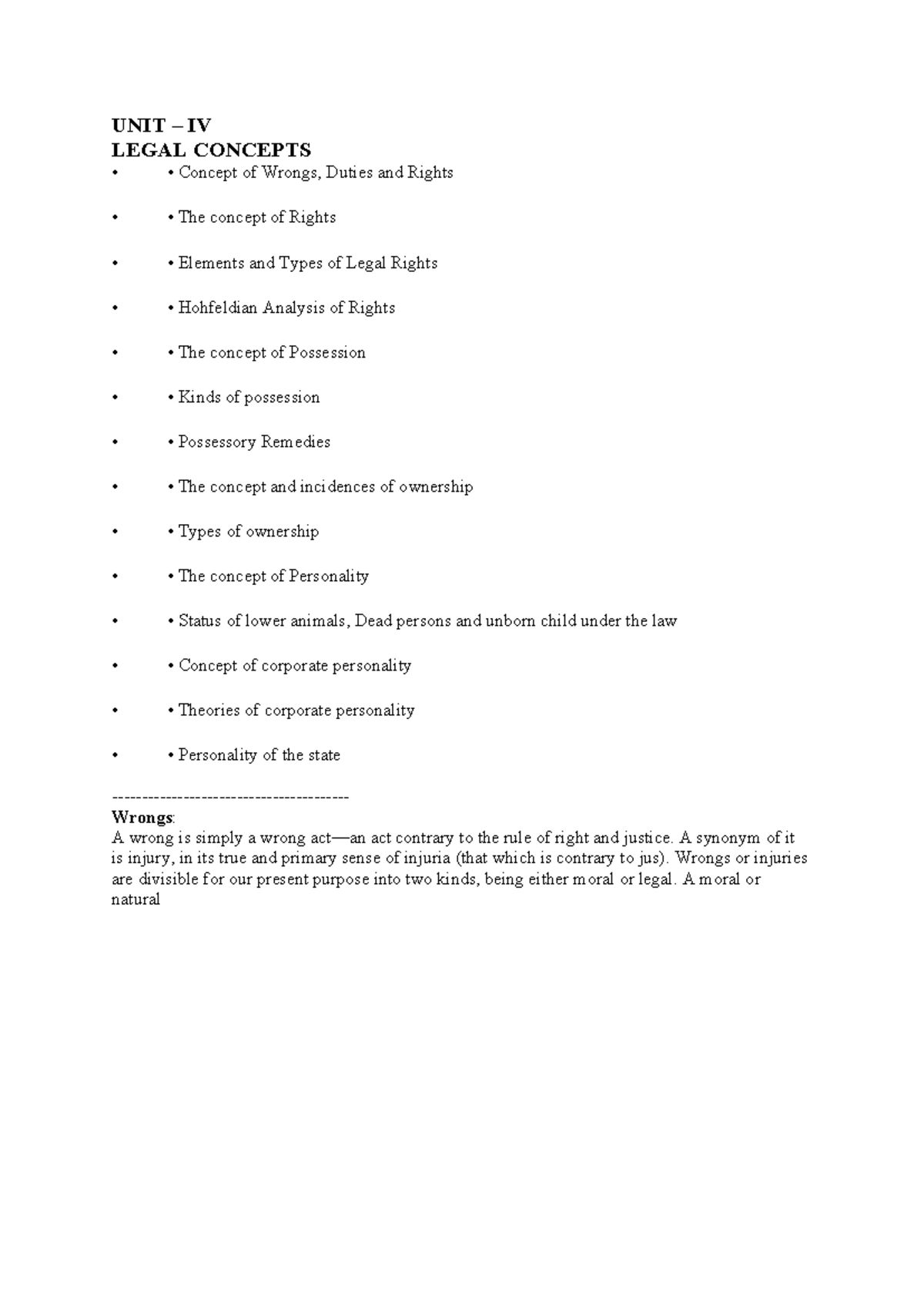 UNIT 4 - Jurisprudence: Legal Concepts of Rights and Duties - Studocu