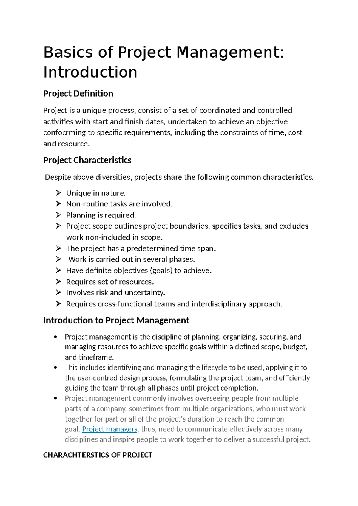 Project Management - Unit 1: Key Concepts and Principles Notes - Studocu