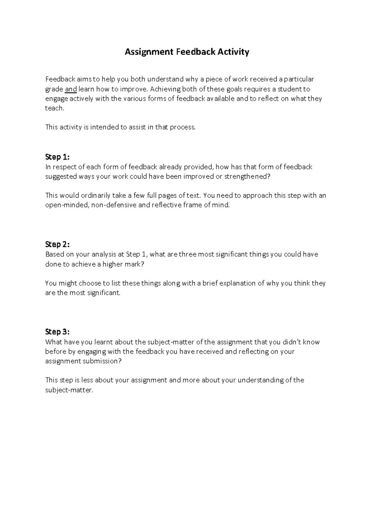 Written Assignment Reflective Feedback Activity - Assignment Feedback ...