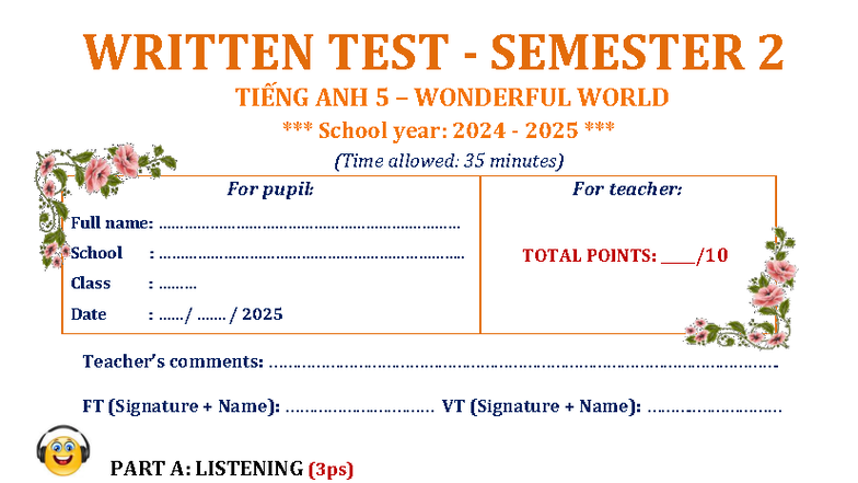 WRITTEN TEST 2 TIẾNG ANH 5 WONDERFUL WORLD - 2025 - Studocu