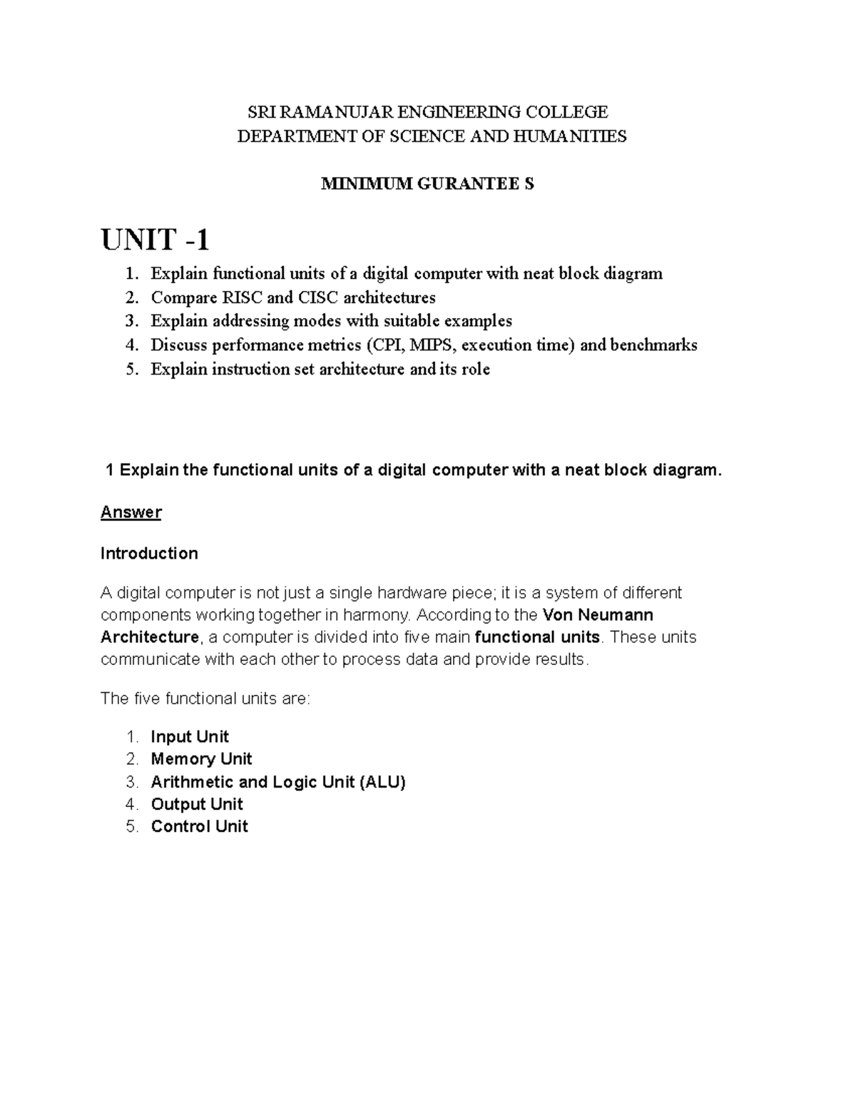 COA MGQ Lecture Notes: Digital Computer Functional Units ...
