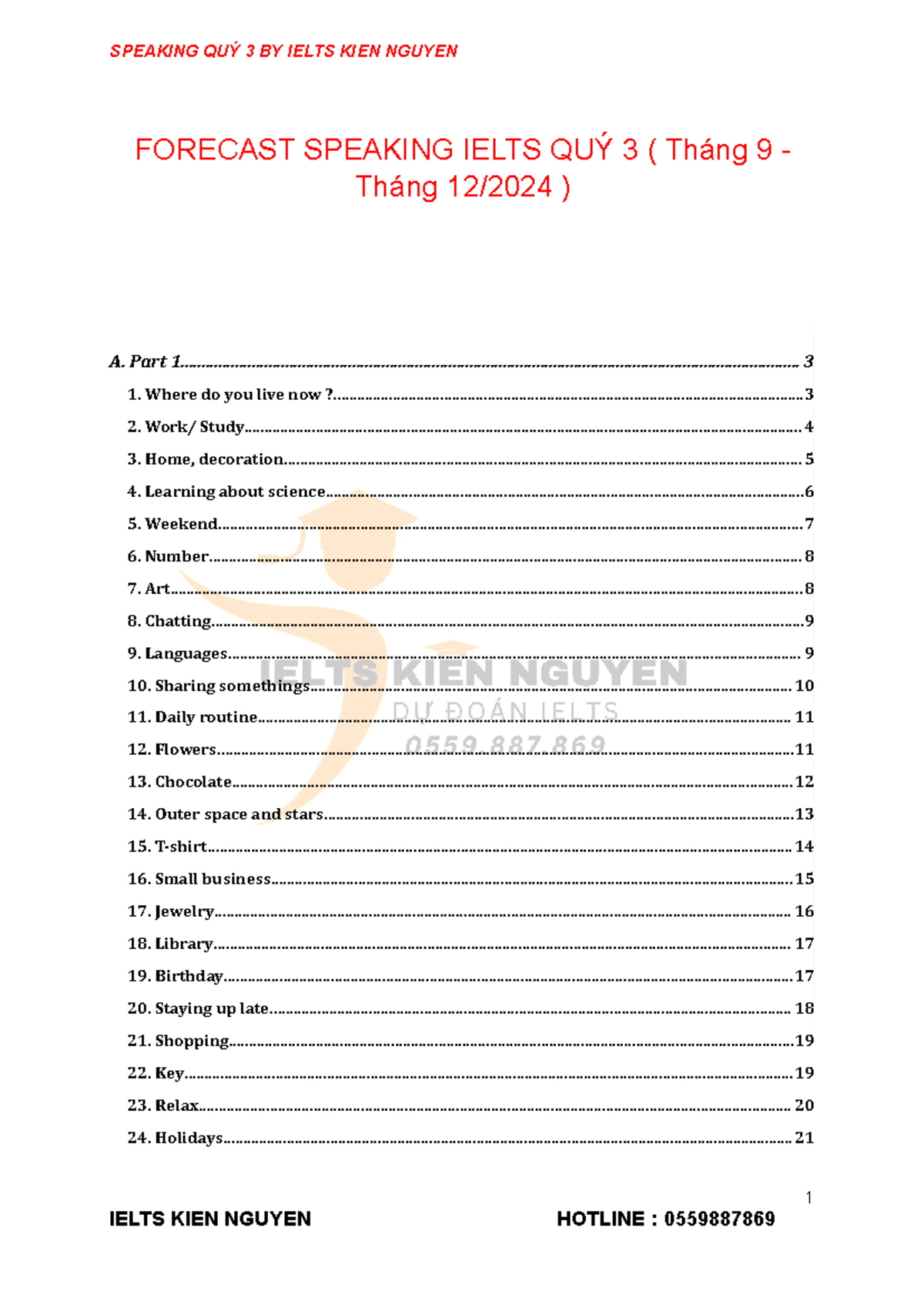 Part 1 quý 3 - ielts part 1 - FORECAST SPEAKING IELTS QUÝ 3 ( Tháng 9 ...