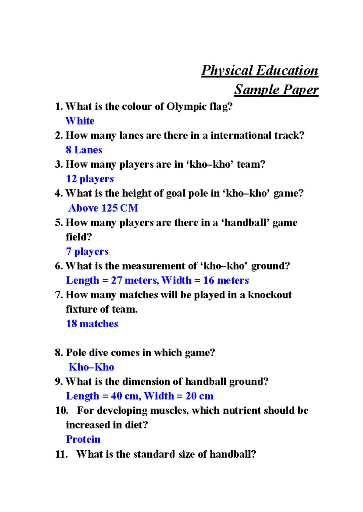 PE - Sample Paper on Olympic Flag & Track Dimensions - Studocu