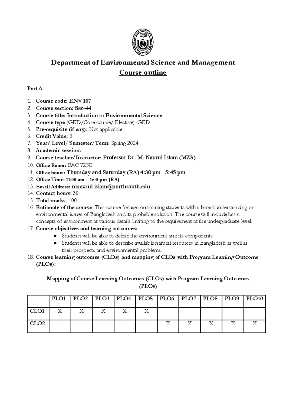 Course-Outline ENV-107 Sec-44 - Department of Environmental Science and ...