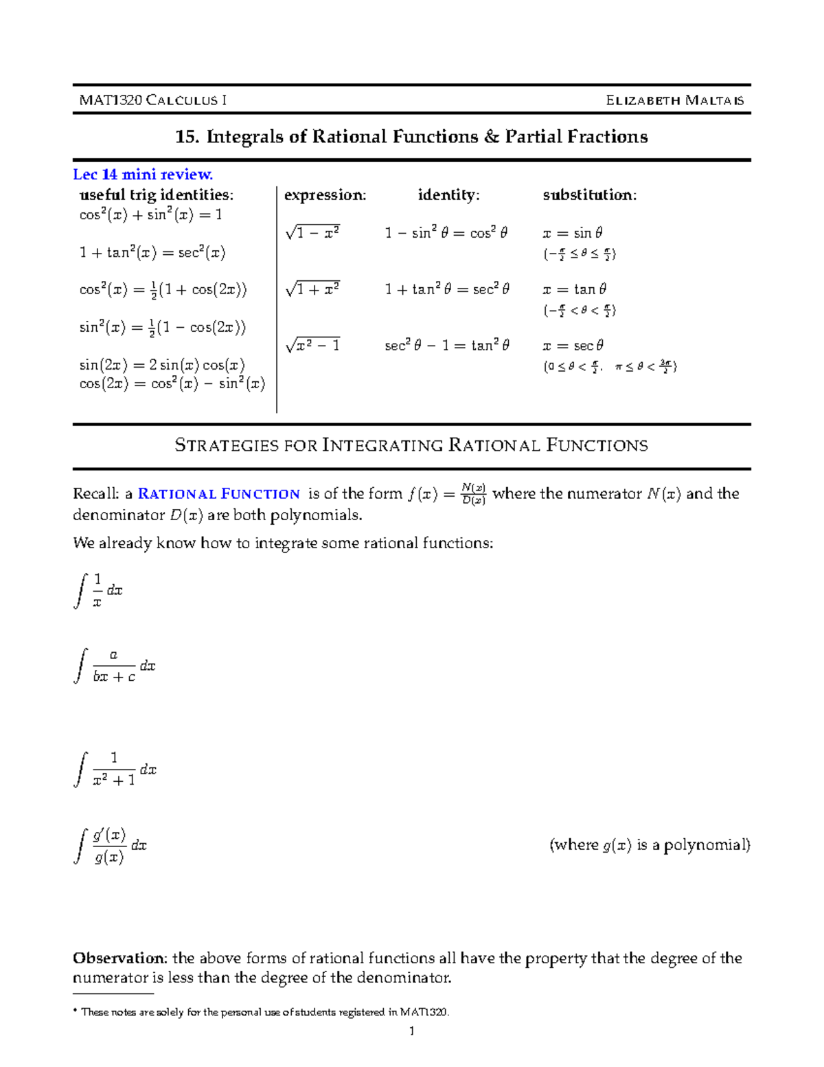 Mat1320-notes 15-2024 - MAT1320 CALCULUS I ELIZABETH MALTAIS 15 ...