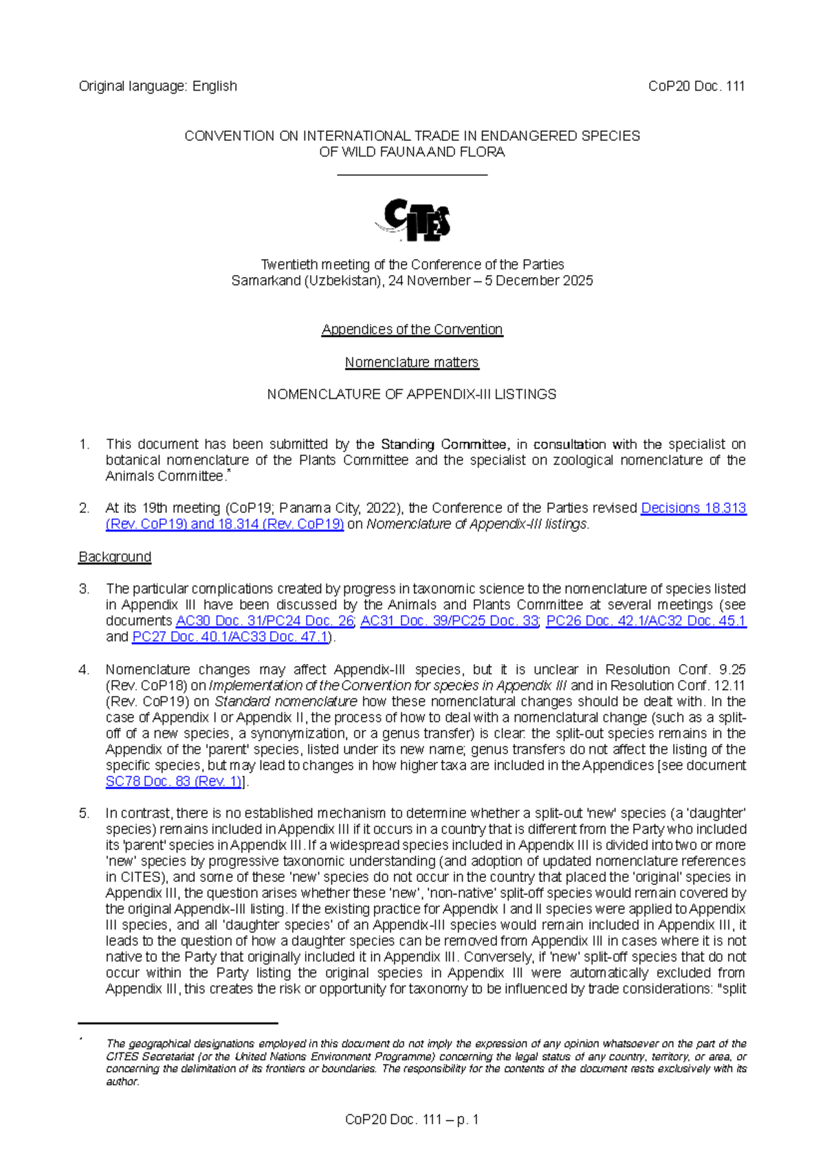CoP20 Doc: Nomenclature Changes and Amendments in CITES Appendices ...