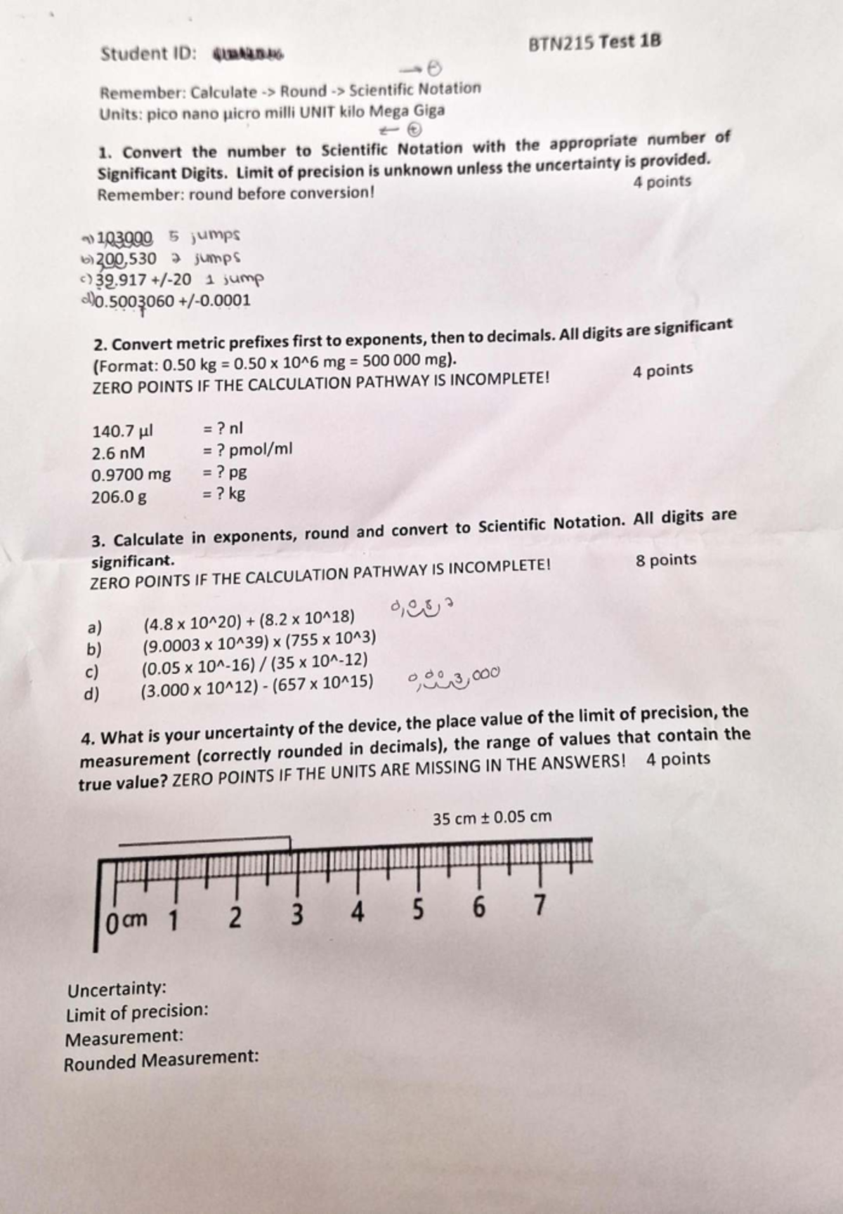 BTN215 Test 18: Scientific Notation & Metric Conversions Guide - Studocu