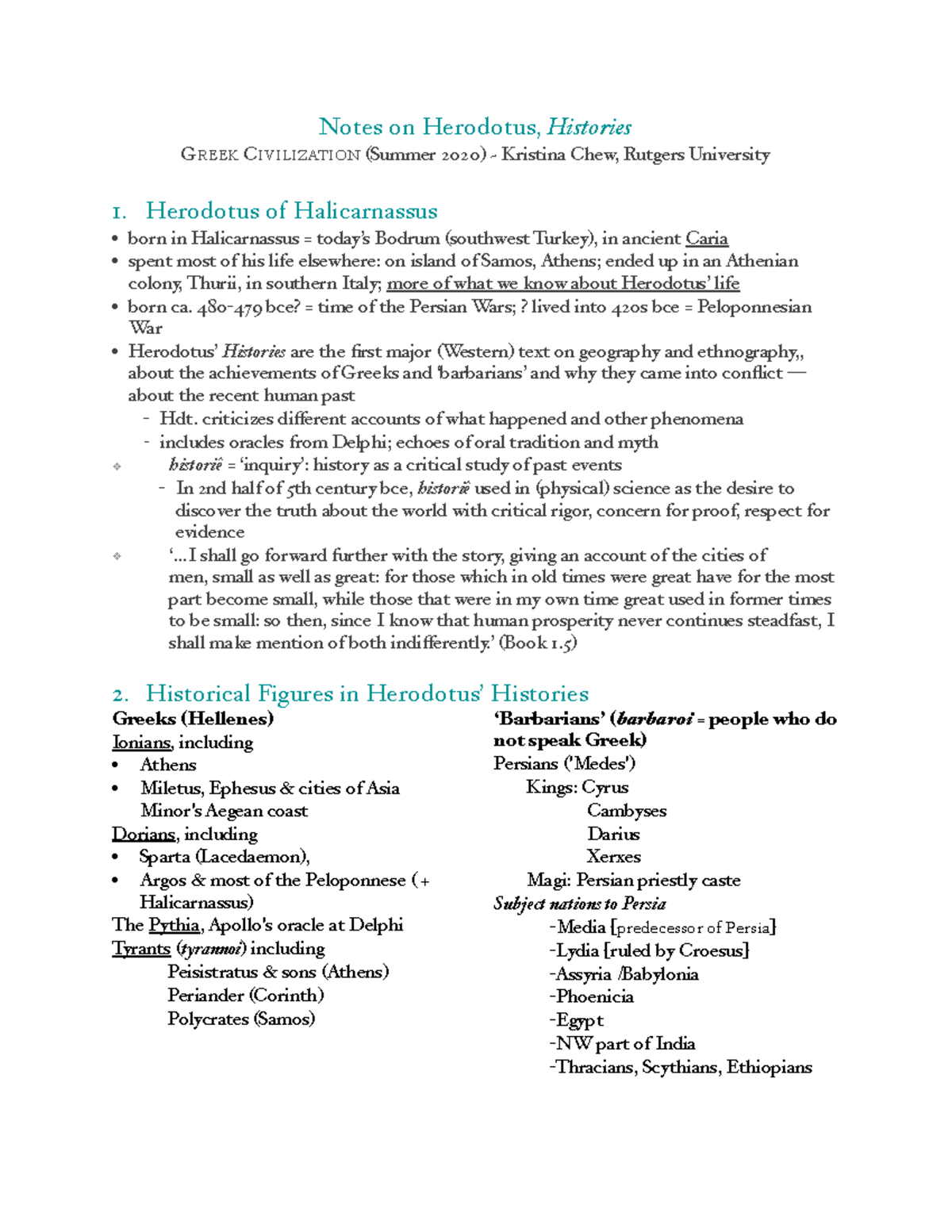 Notes on Herodotus Histories GREEK CIVILIZATION - Studocu