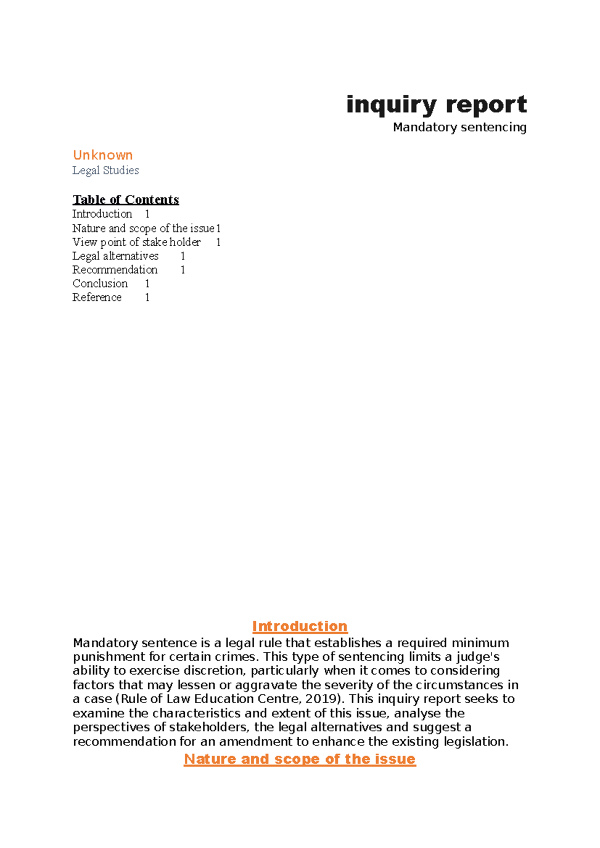 Legal Studies Inquiry Report: Mandatory Sentencing FIA2 Analysis - Studocu
