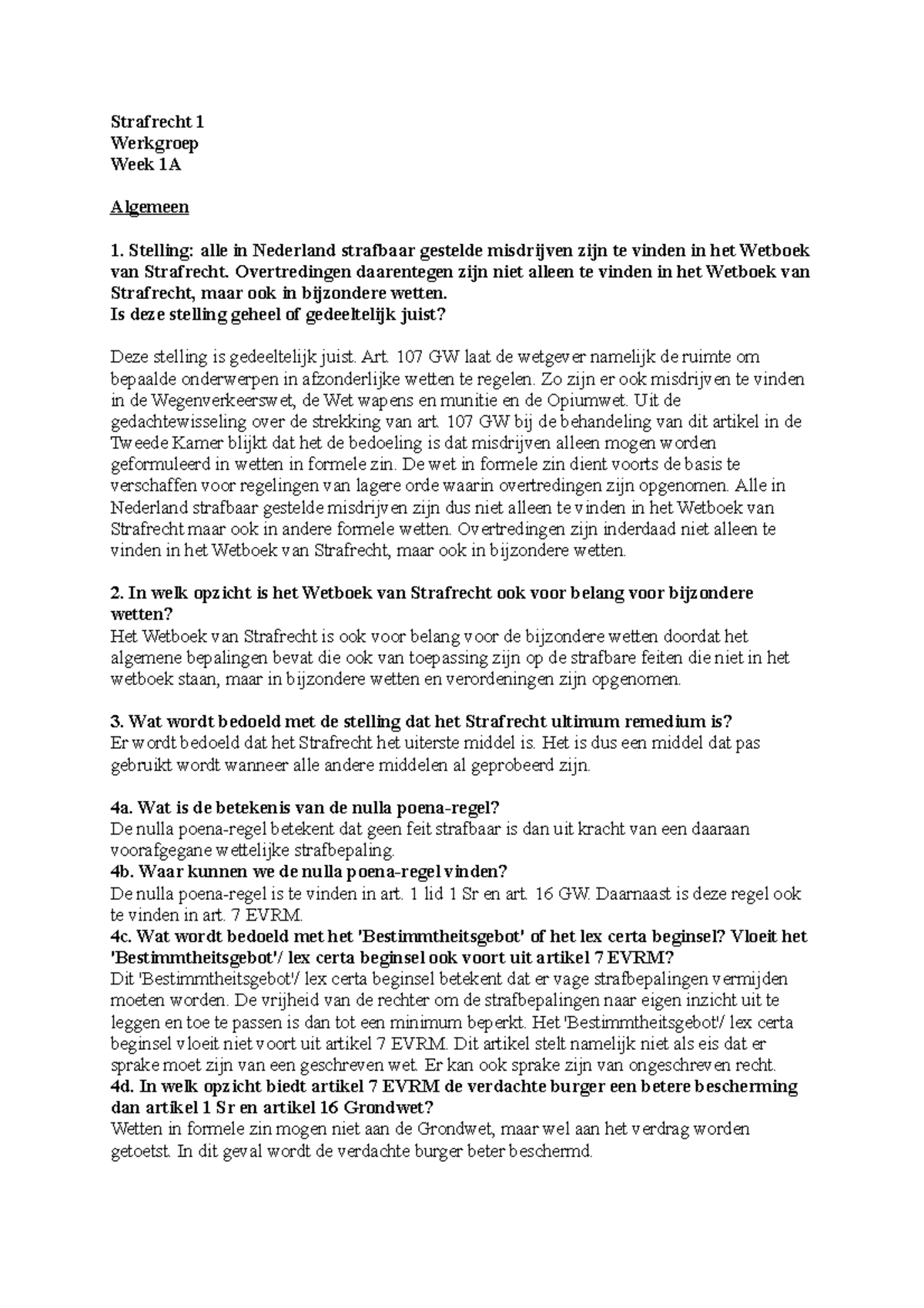 Antwoorden op Algemene Vragen en Jurisprudentievragen - Strafrecht 1 -  Studeersnel