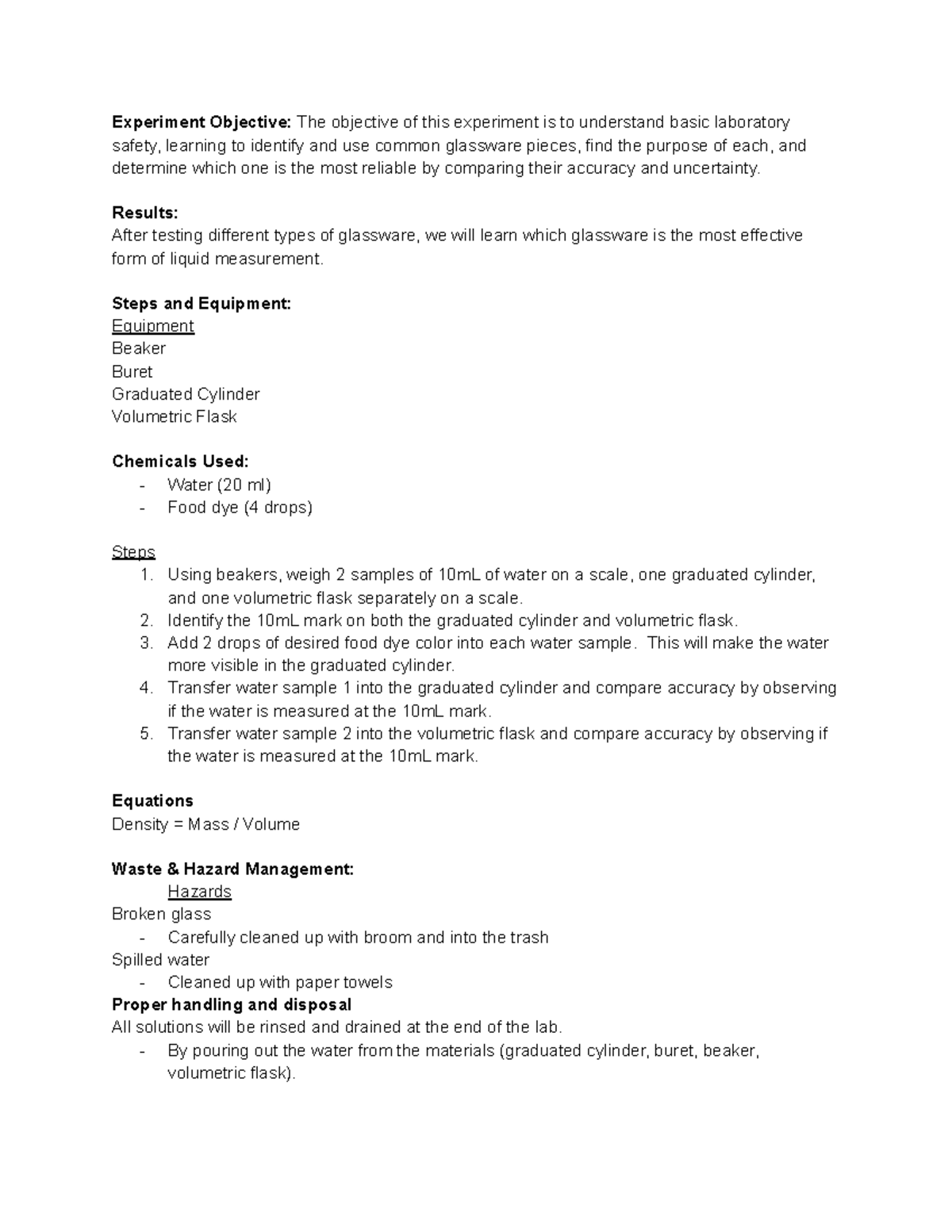 GA Lab Plan: Experiment on Glassware Accuracy & Safety - Studocu