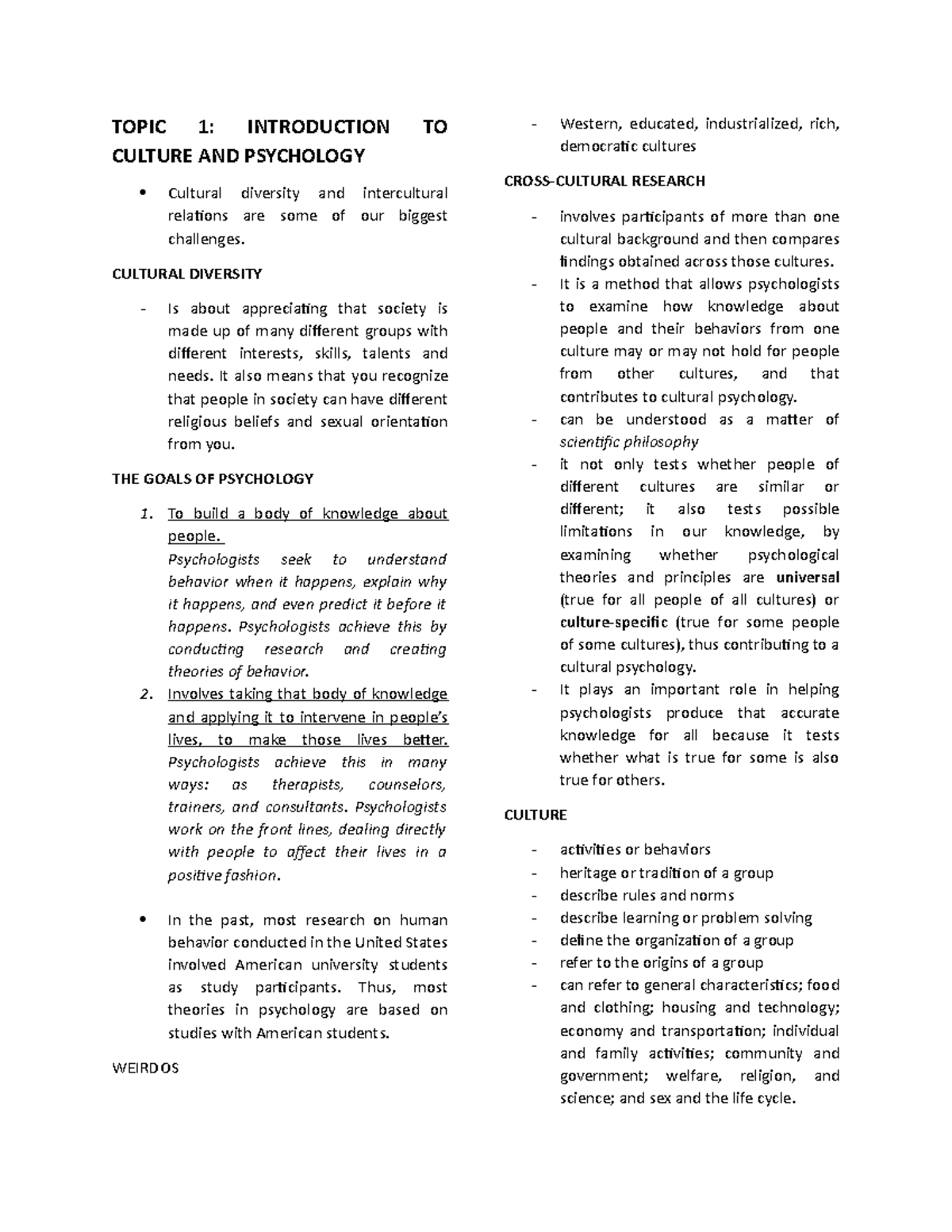 Culture and Psychology (Psych 101) Midterm Review Notes - Studocu