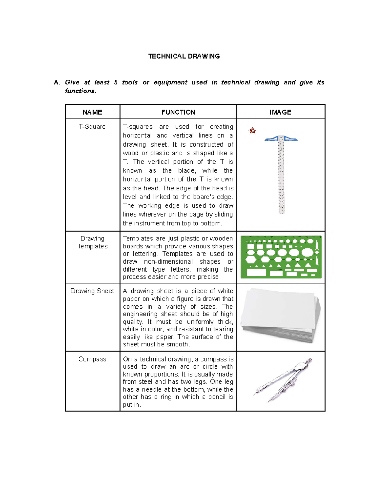Technical Drawing - TECHNICAL DRAWING A. Give at least 5 tools or ...