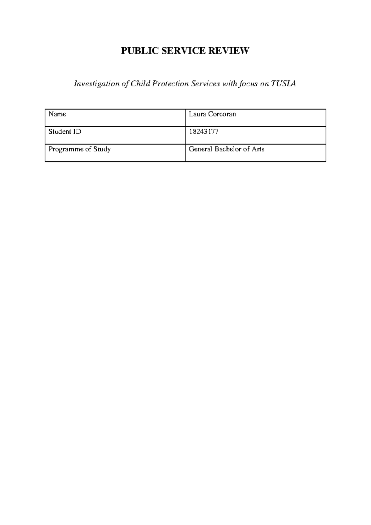 Public Service Review: Assessment of TUSLA's Child Protection Services ...