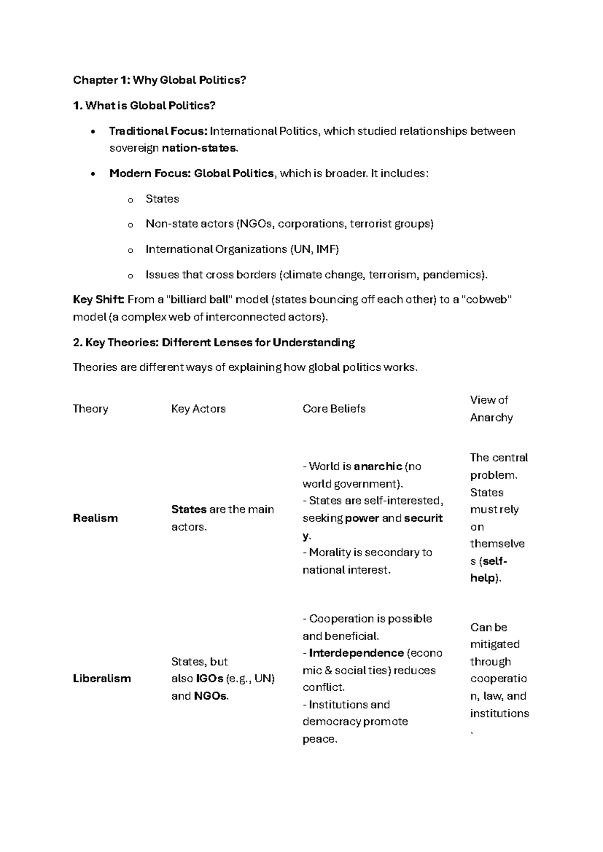 POLS102 Chapter 1: Understanding Global Politics and Key Theories - Studocu