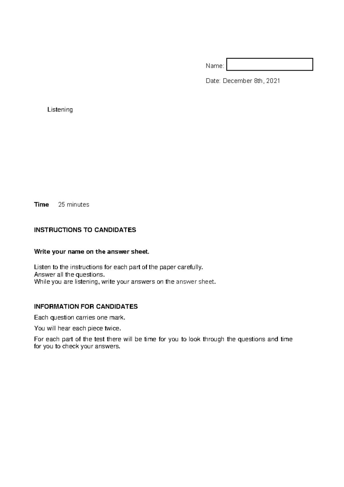 Listening Test - examen listeting - Dec 8th, 2021 - Document Preview