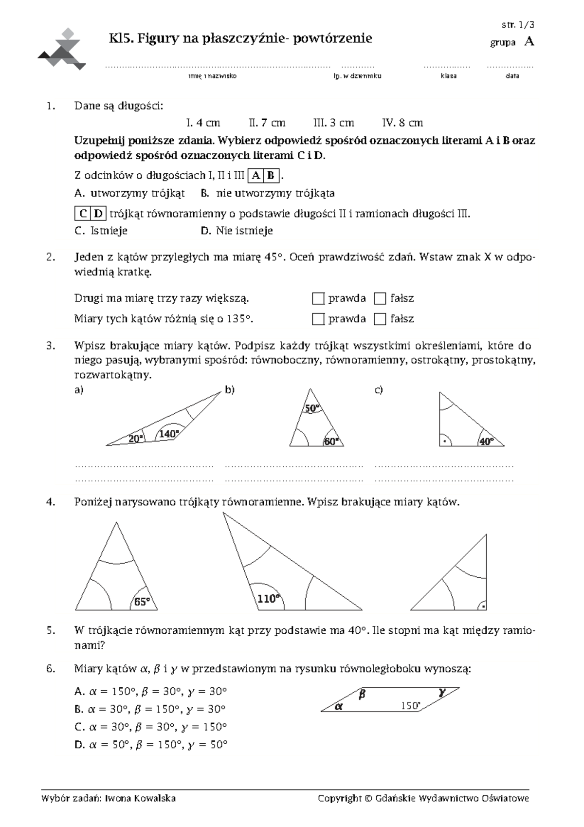Figury Na Płaszczyźnie Klasa 8 Powtórzenie www.studocu.com