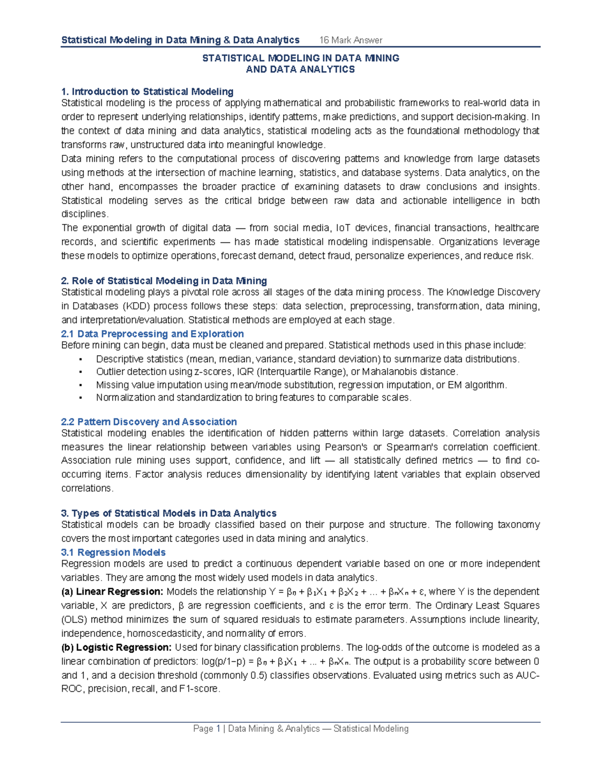 Statistical Modeling in Data Mining and Data Analytics: 16 Mark Answer ...