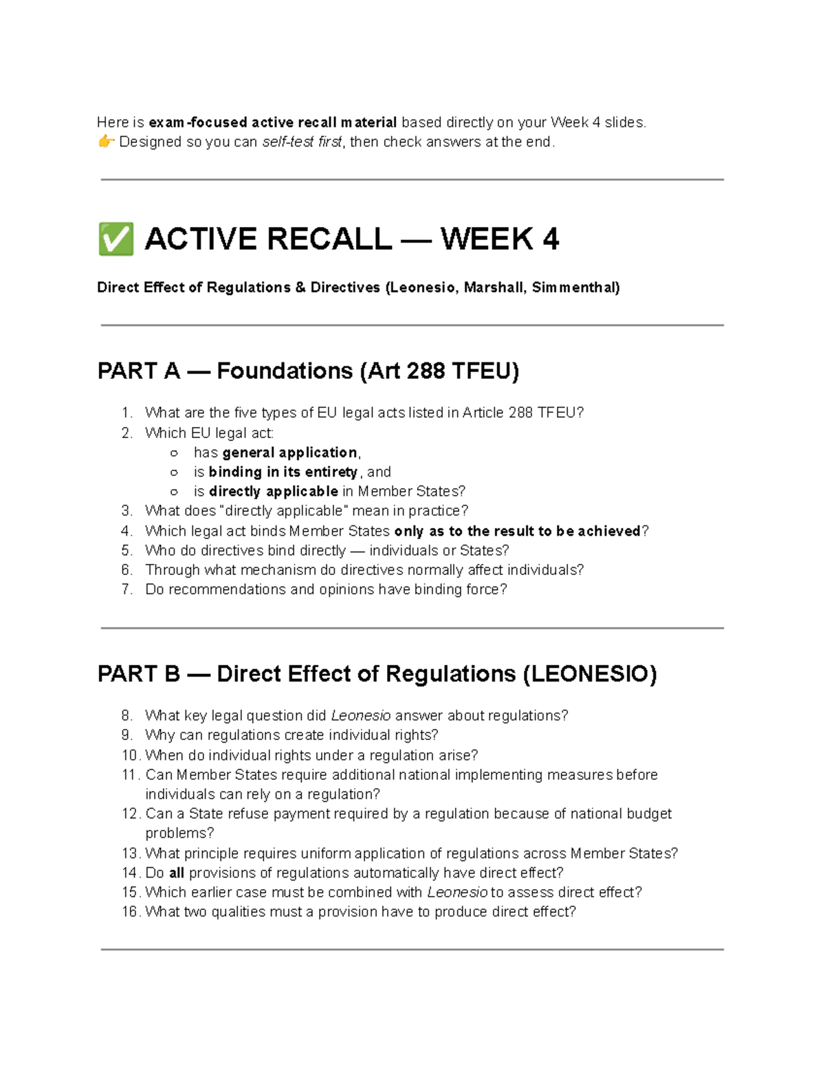 Active Recall Quiz: Direct Effect of Regulations & Directives (Week 4 ...