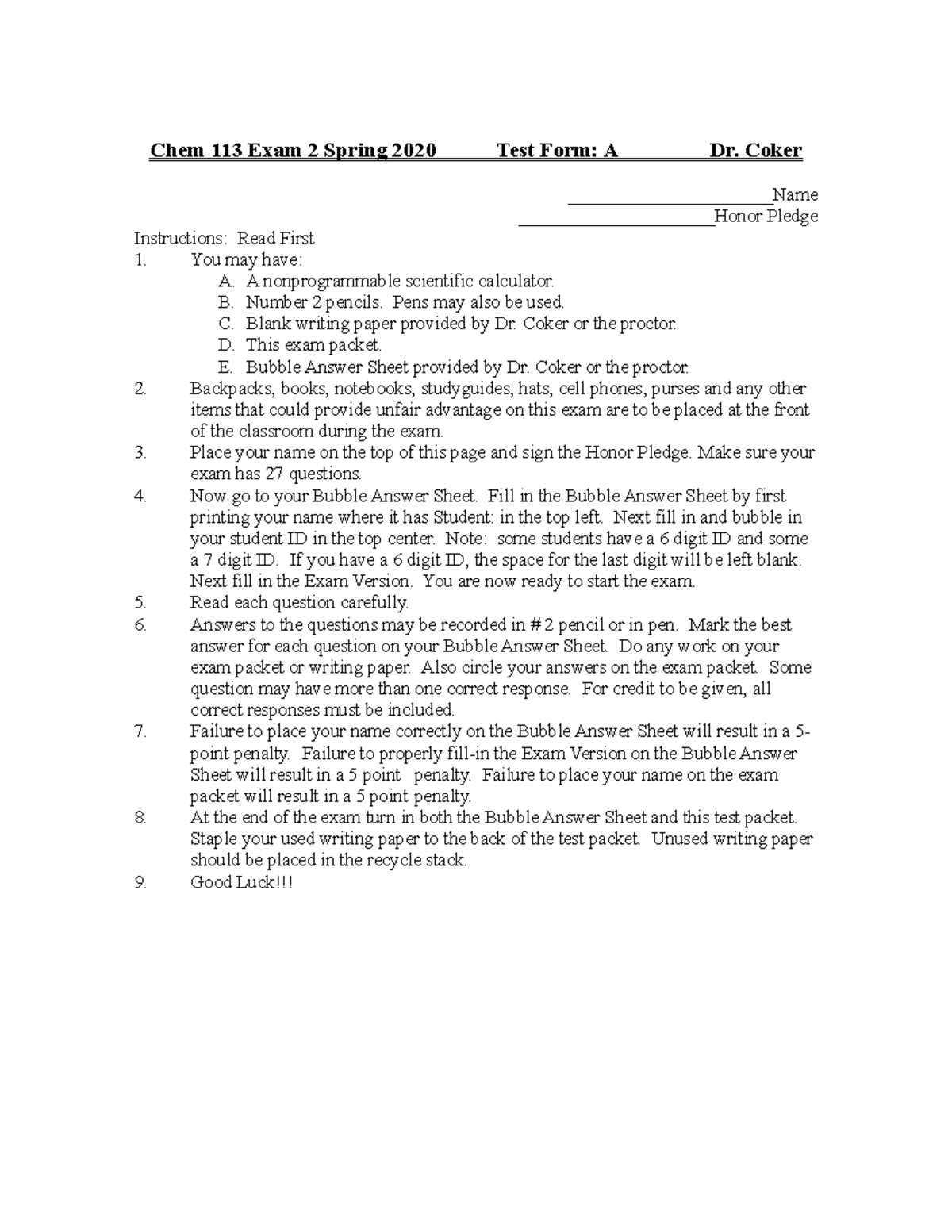 CHEM113 Exam 2 Spring 2020 Form A Instructions and Guide - Studocu