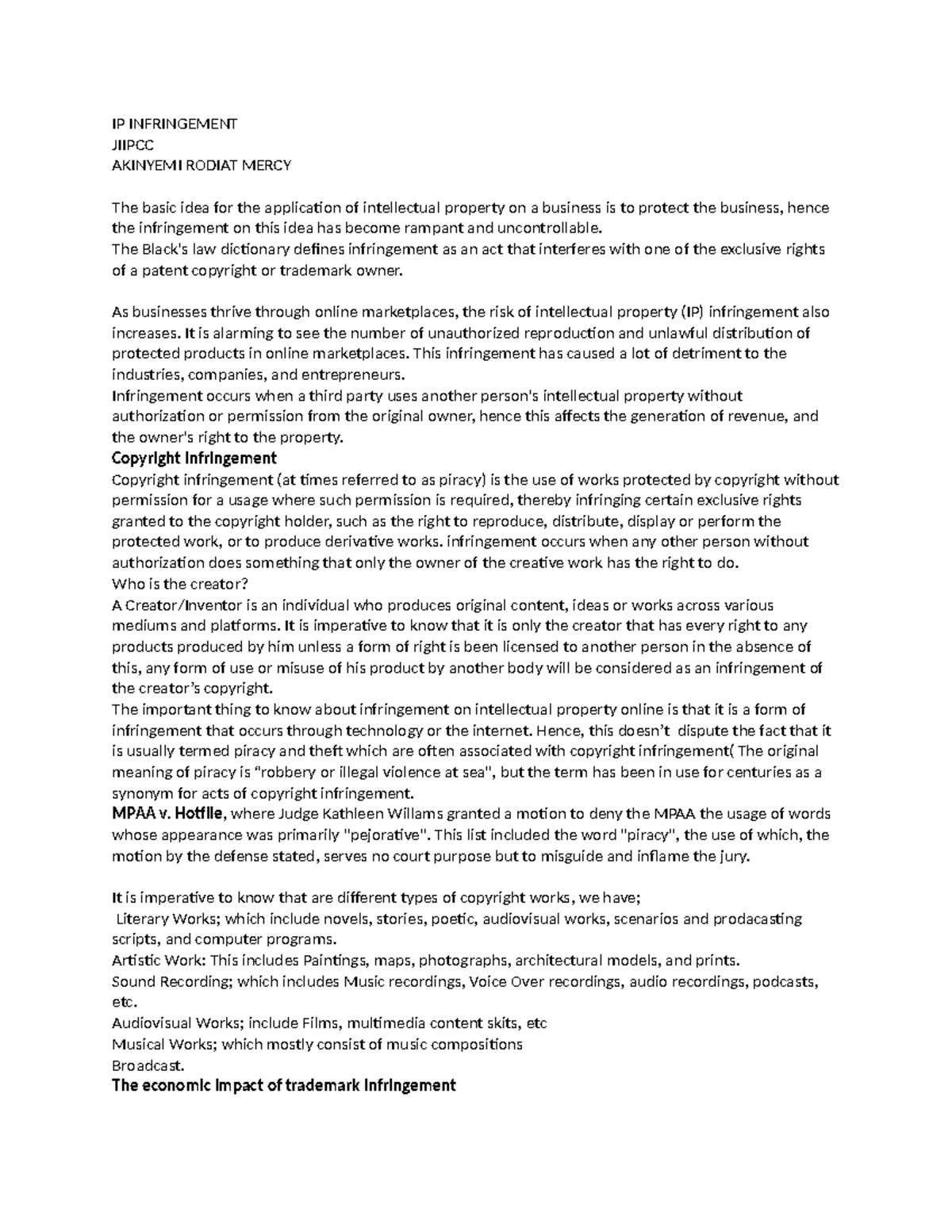 Ip Infringement - IP INFRINGEMENT JIIPCC AKINYEMI RODIAT MERCY The ...
