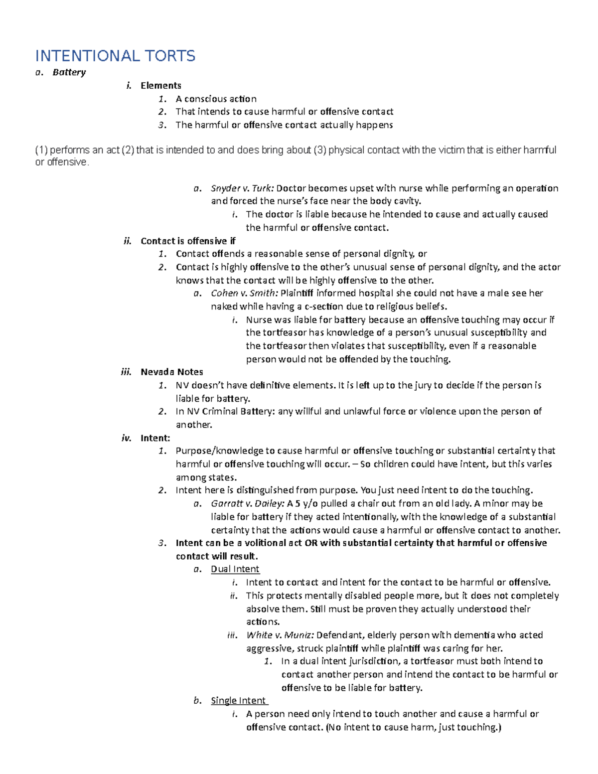 Torts 523 - Intentional Torts and Negligence Class Outline - Studocu