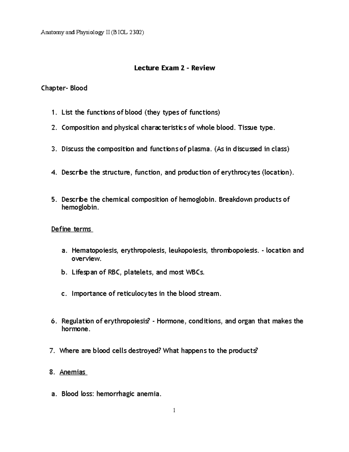 Anatomy and Physiology II (BIOL 2302) Lecture Exam 2 Study Guide on ...