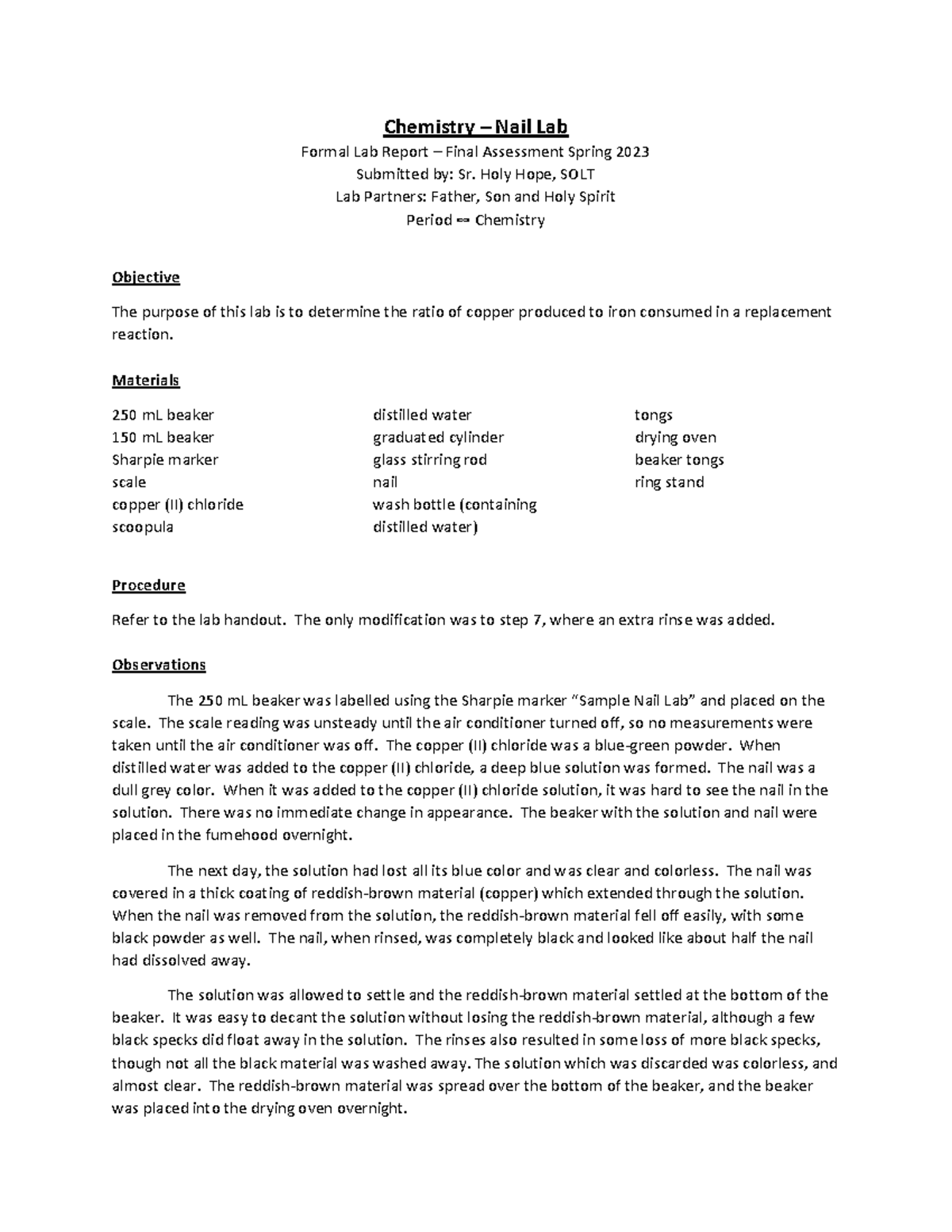 Final Lab Report for Chemistry – Nail Reaction Analysis (Spring 2023 ...