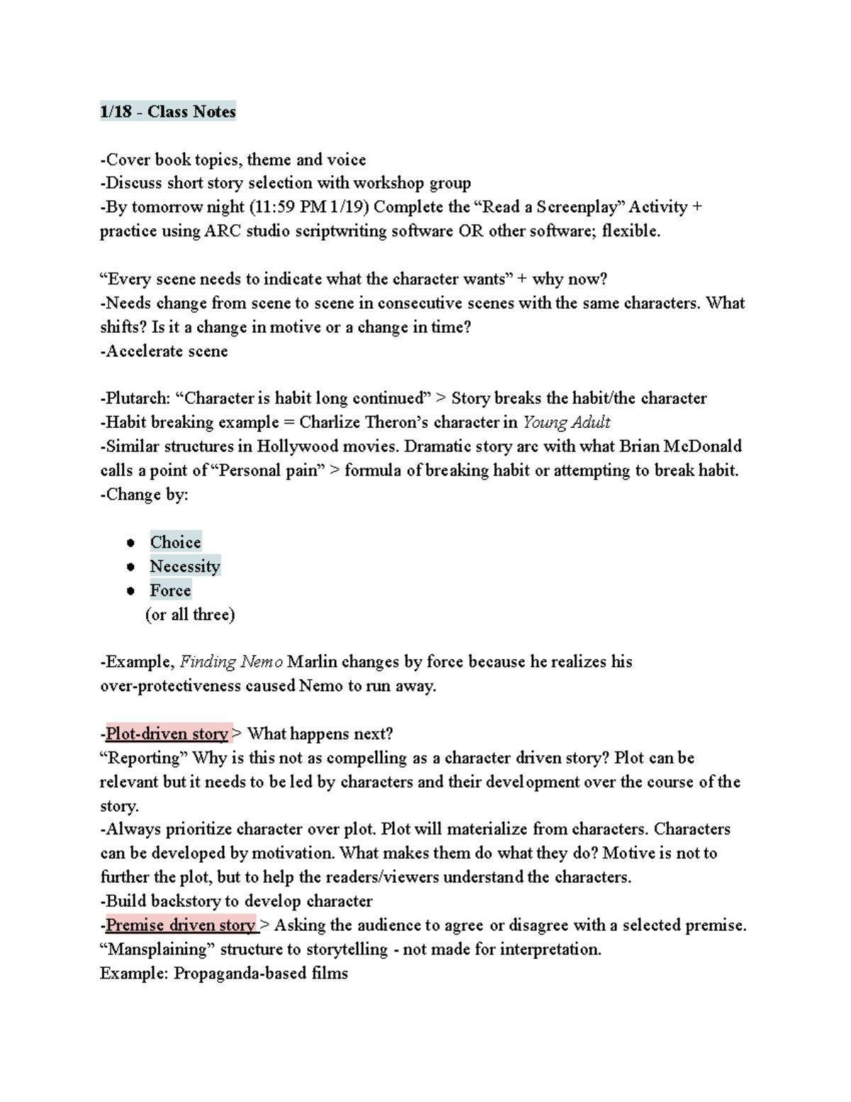 Screenwriting Notes - Lecture 1: Understanding Character Development ...