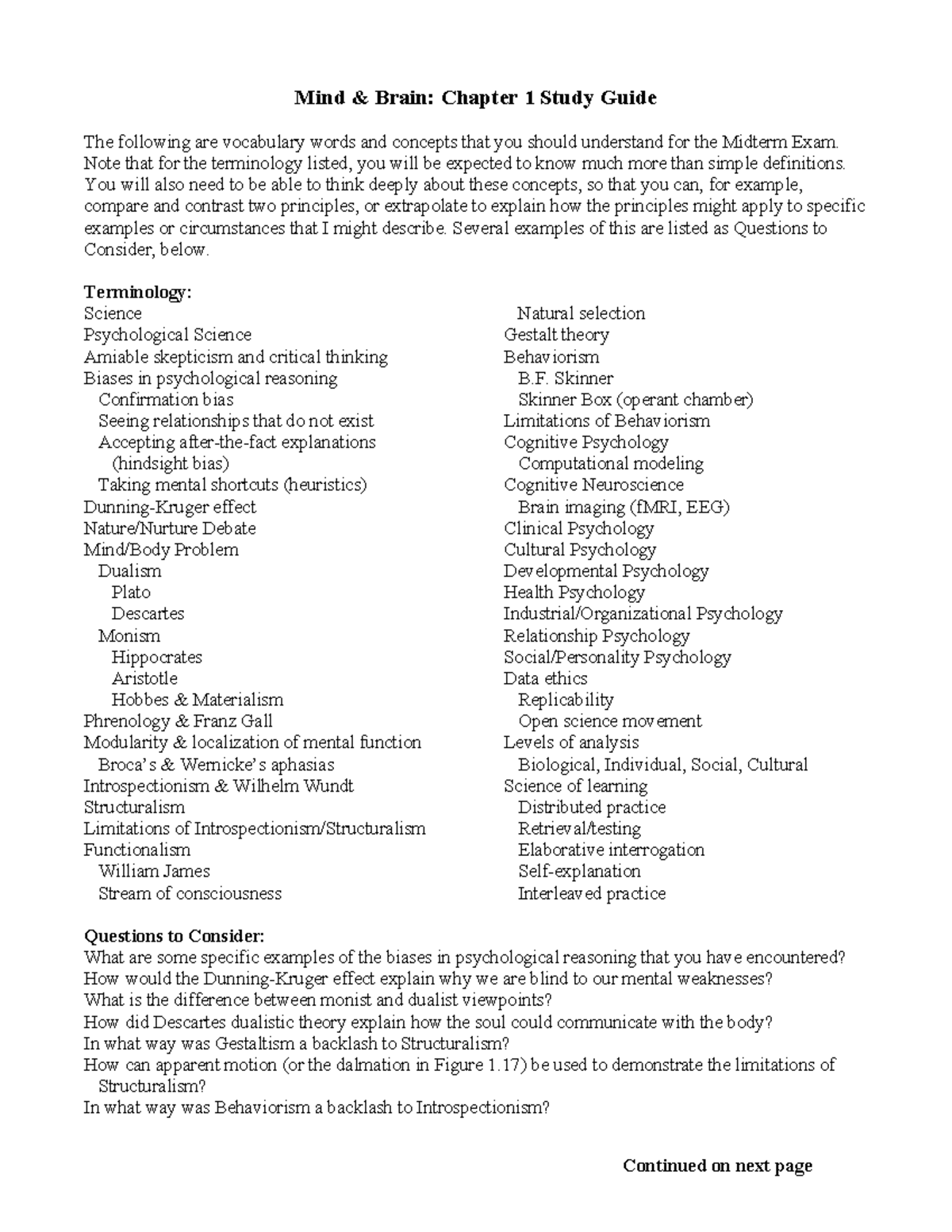 Mind & Brain: Chapter 1 Midterm Study Guide and Key Concepts ...