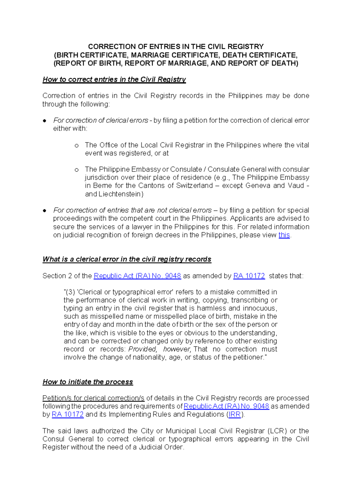 Info Sheet on Correcting Civil Registry Entries (RA 9048, RA 10172 ...