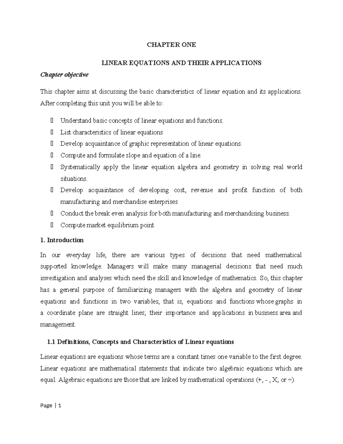 MATH 101: CHAPTER ONE - LINEAR EQUATIONS & APPLICATIONS - Studocu