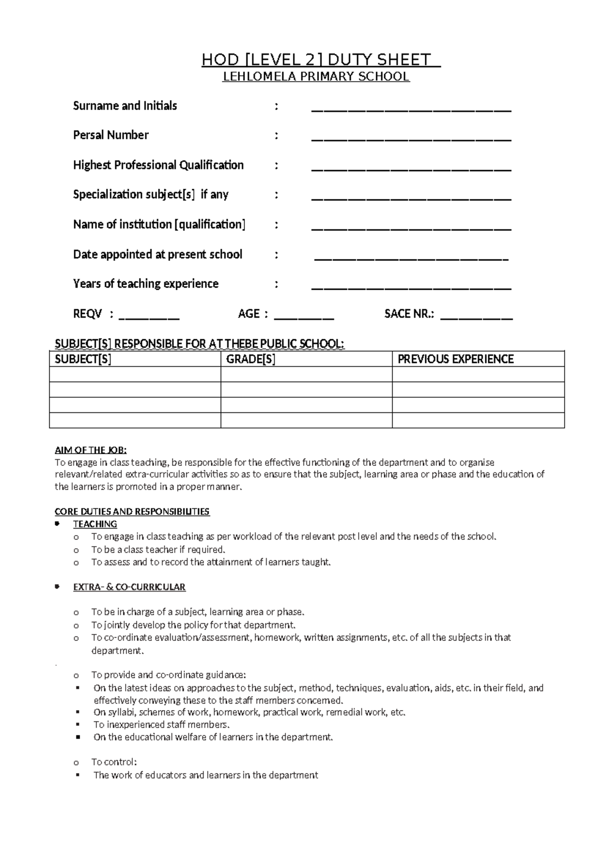 HOD Duty Sheet for Lehlomela Primary School - Studocu