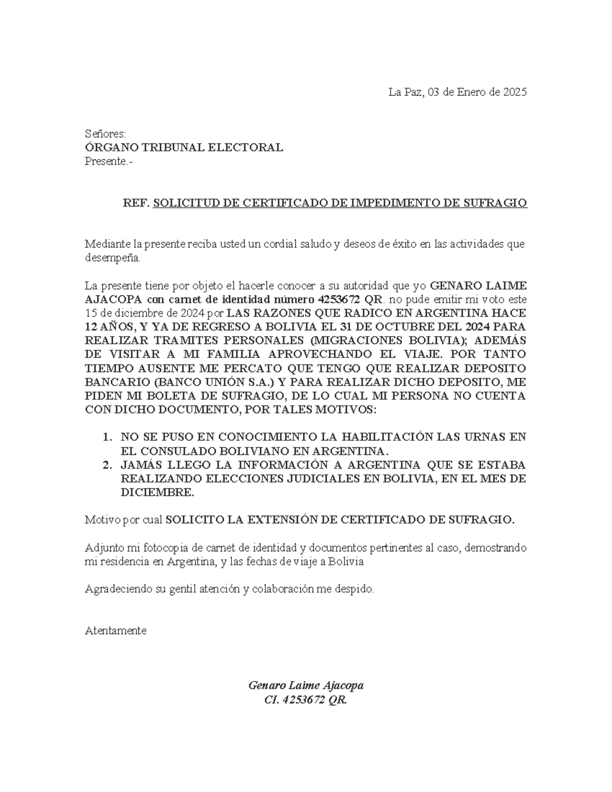 Solicitud de Certificado de Impedimento de Sufragio - Genaro Laime - Document Preview