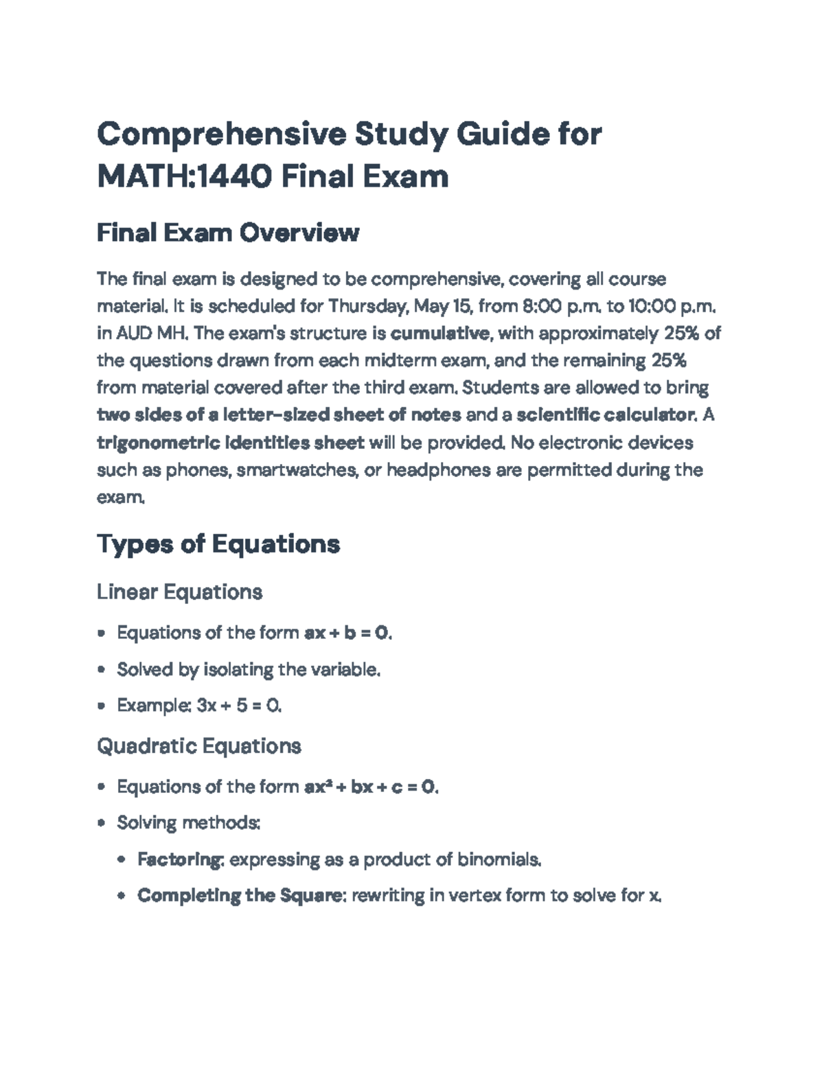 MATH:1440 Final Exam Comprehensive Study Guide and Strategies - Studocu