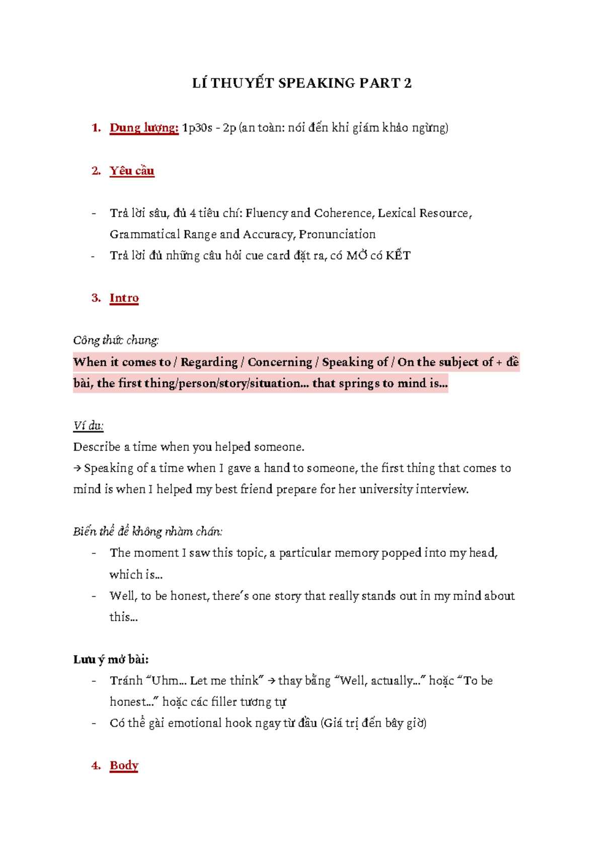 LÍ THUYẾT Speaking PART 2: Hướng Dẫn Chi Tiết và Mẹo Thực Hành - Studocu