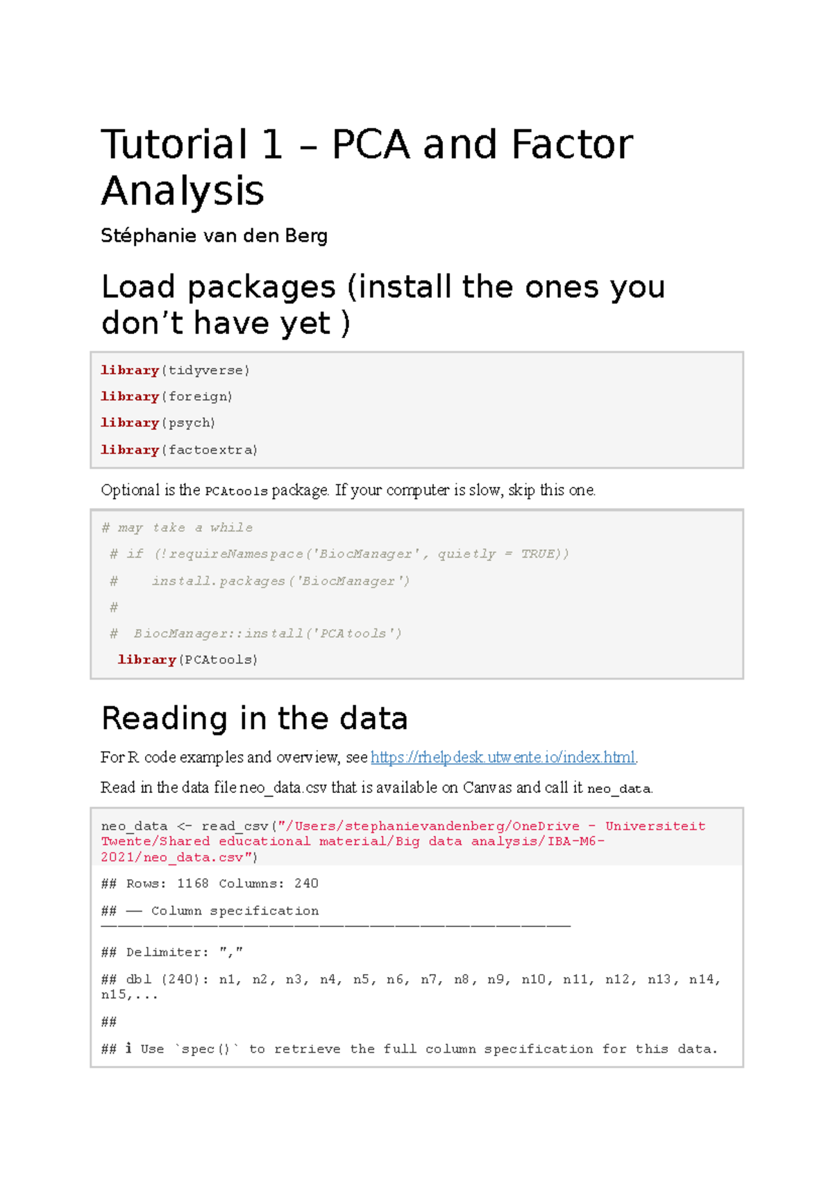 PCA & Factor Analysis Tutorial for R (Course Code: R-ALL) - Studeersnel