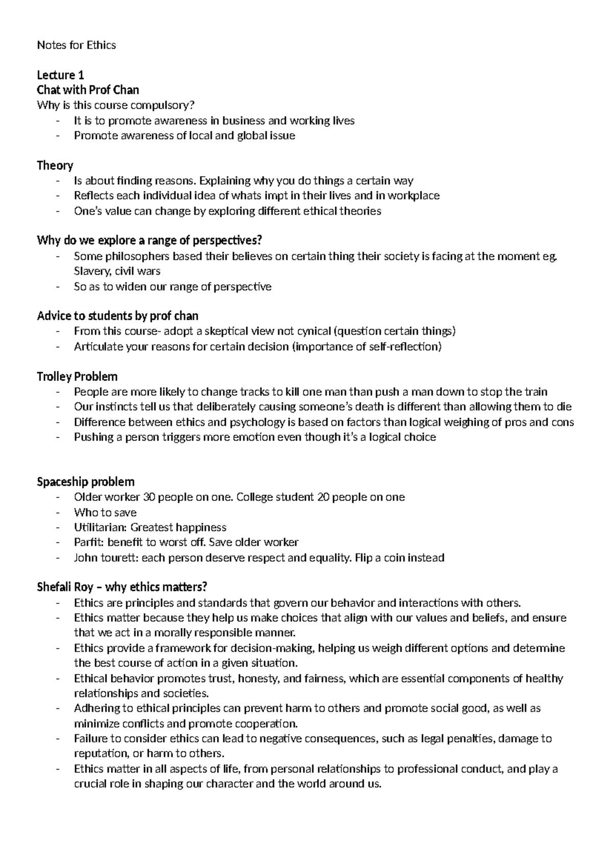 Ethics Lecture Notes - Course Under Michelle (ETC 101) - Studocu