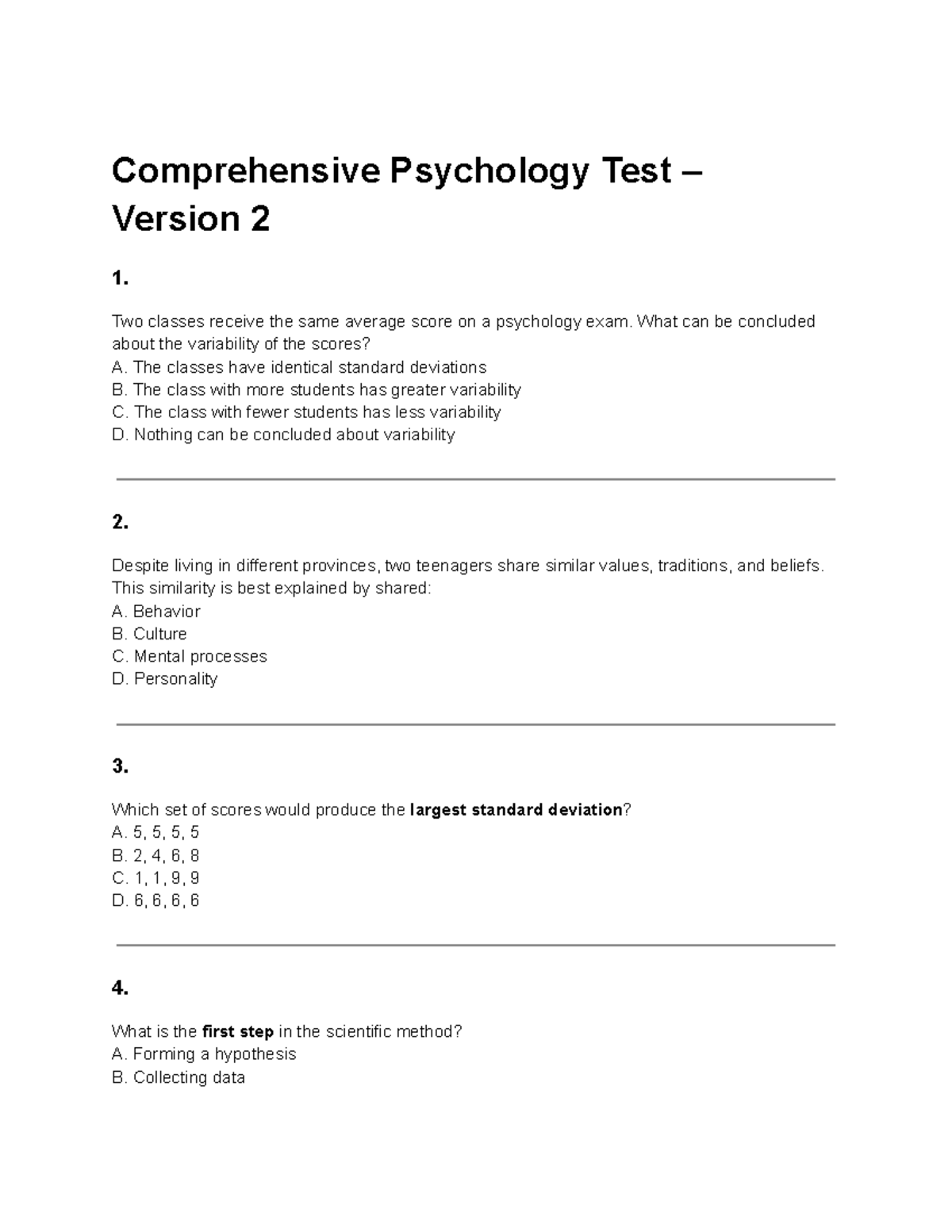 Psychology 101: Comprehensive Test Practice Questions (Version 2) - Studocu