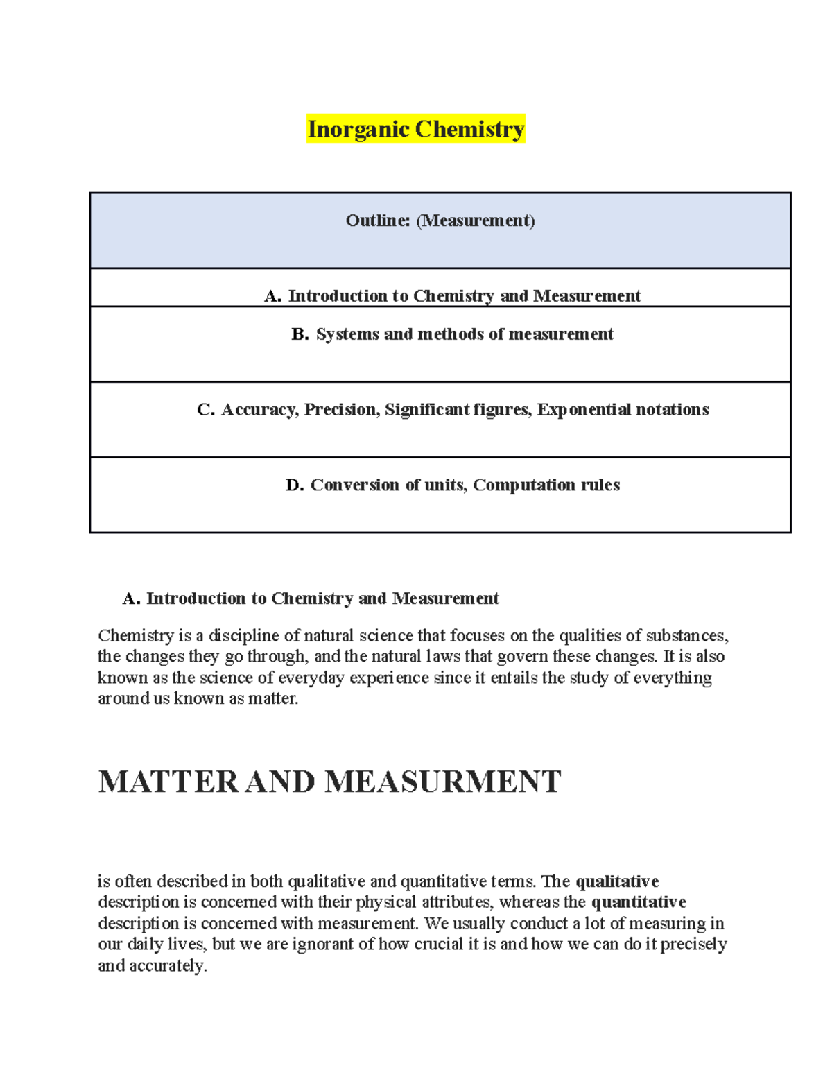 Inorganic Chemistry: Module 1 - Measurement and Accuracy Principles ...