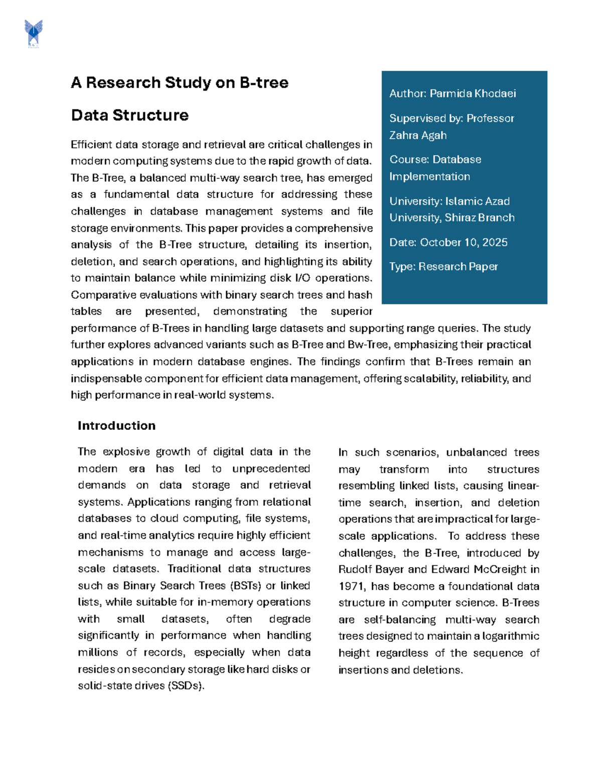 Research Study on B-Trees for Efficient Data Management (DB 101) - Studocu