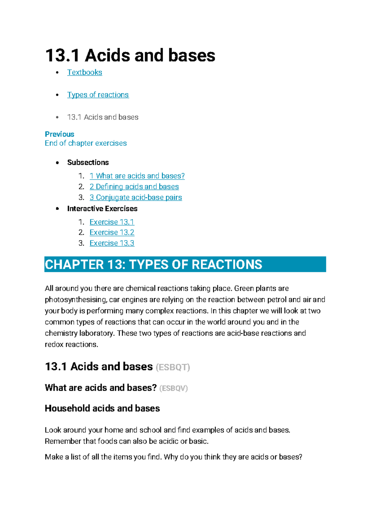 ESBQT 13.1 Acids and Bases: Types of Reactions and Exercises - Studocu