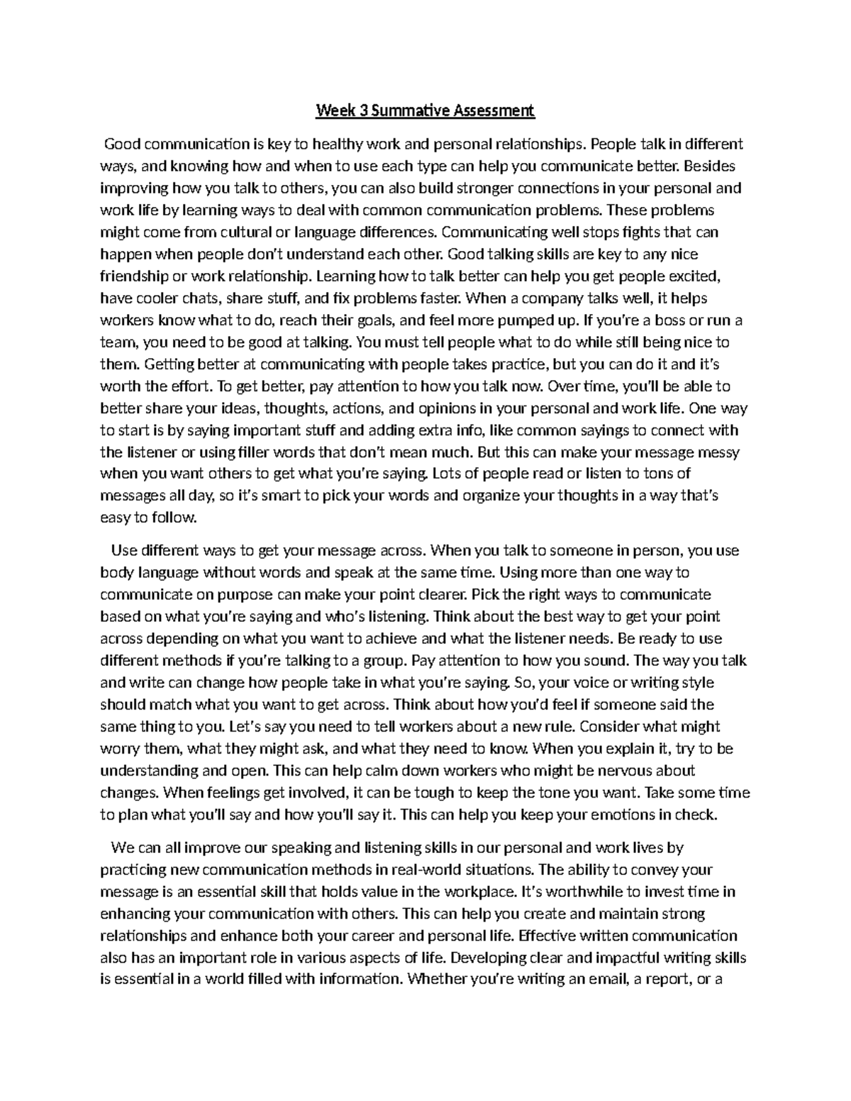 Communication Skills Improvement: Week 3 Summative Assessment - Studocu