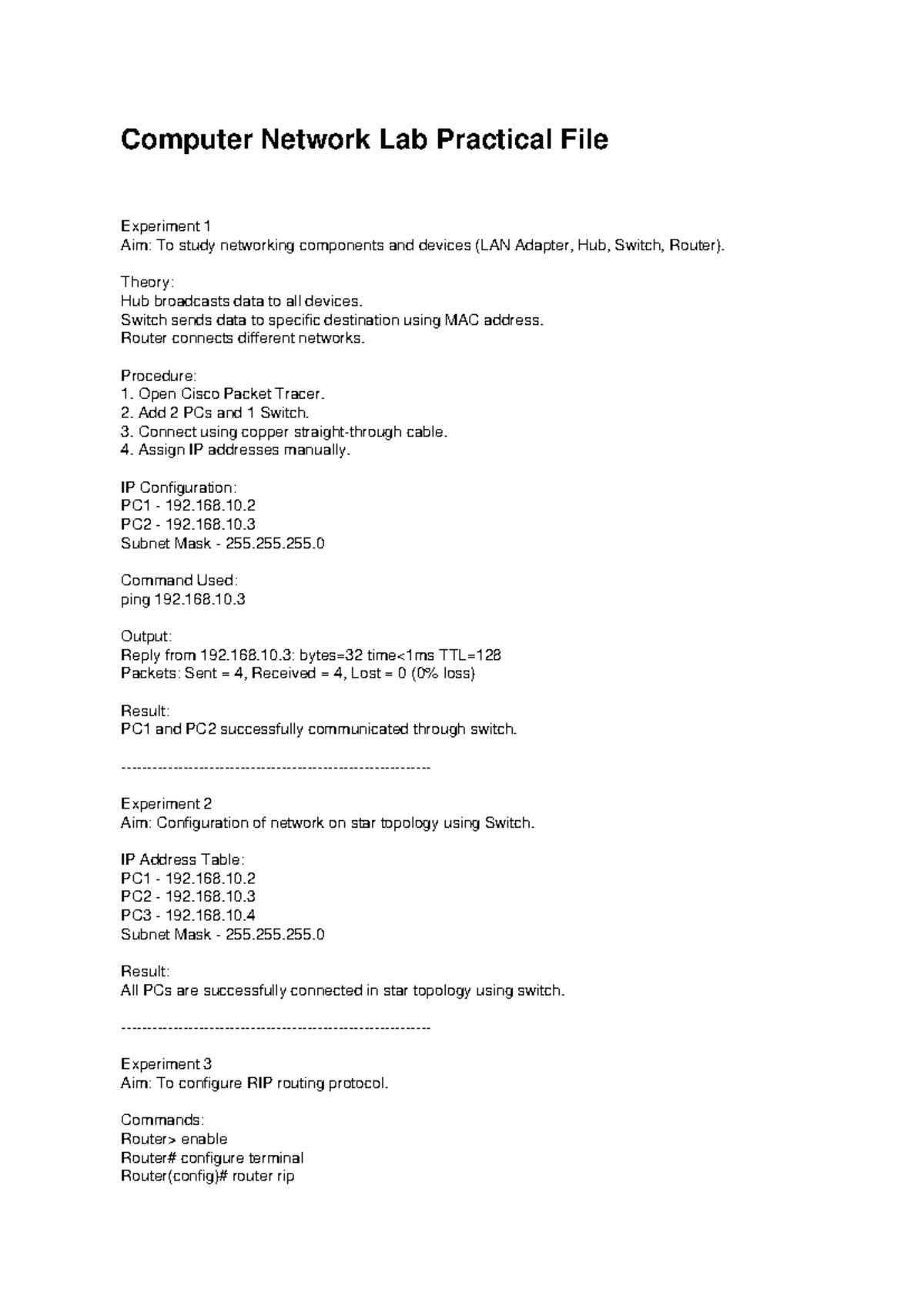 Computer Network Lab Practical File: Experiment 1 & 2 Summary - Studocu