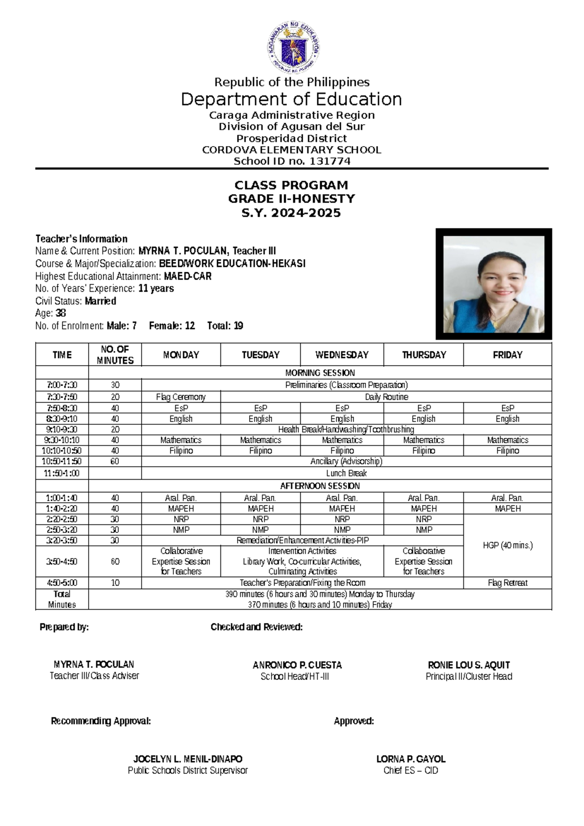 Class Program 2024-2025 for Grade 2 (School ID: 131774) - Studocu