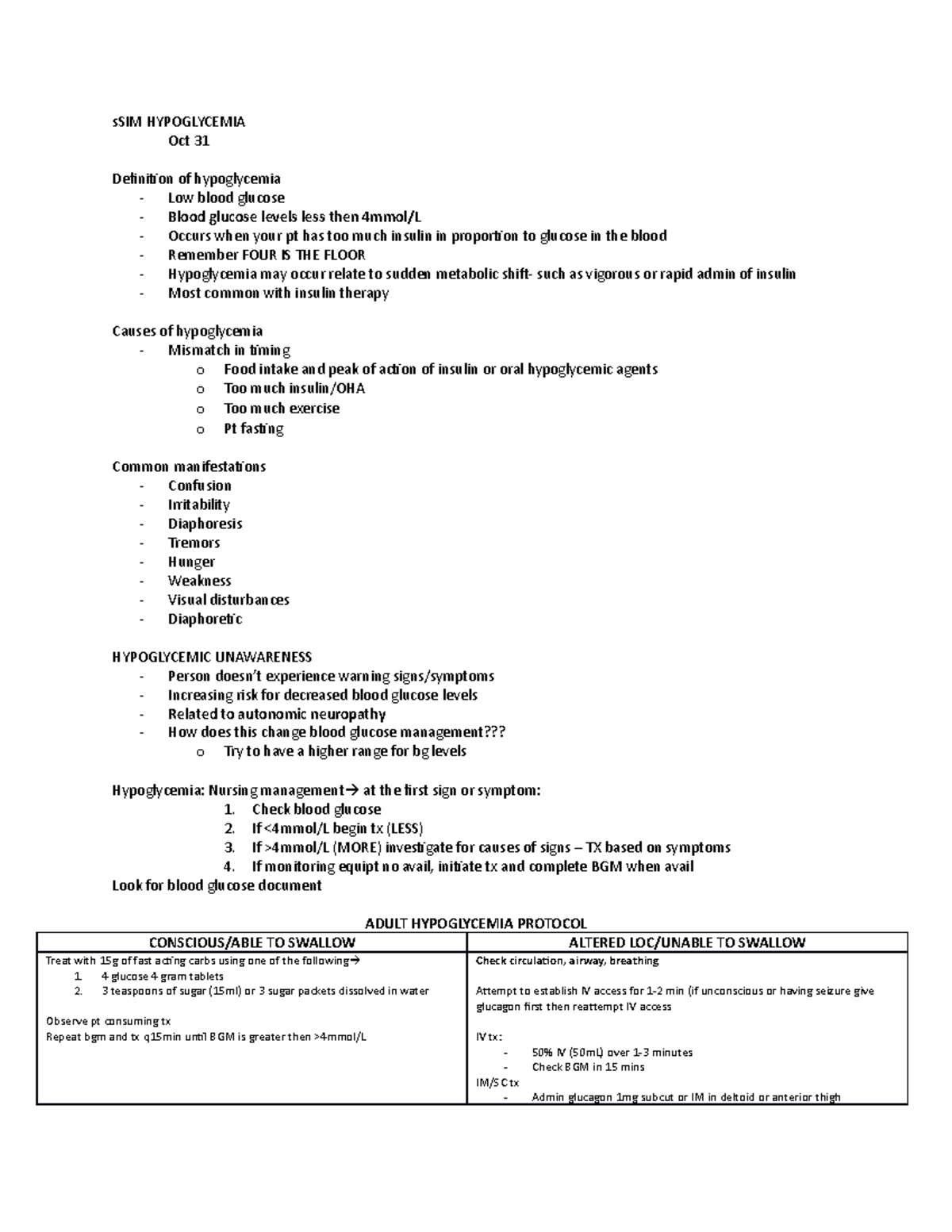 SIM Hypoglycemia - Comprehensive Lab Notes for Nursing Practice - Studocu