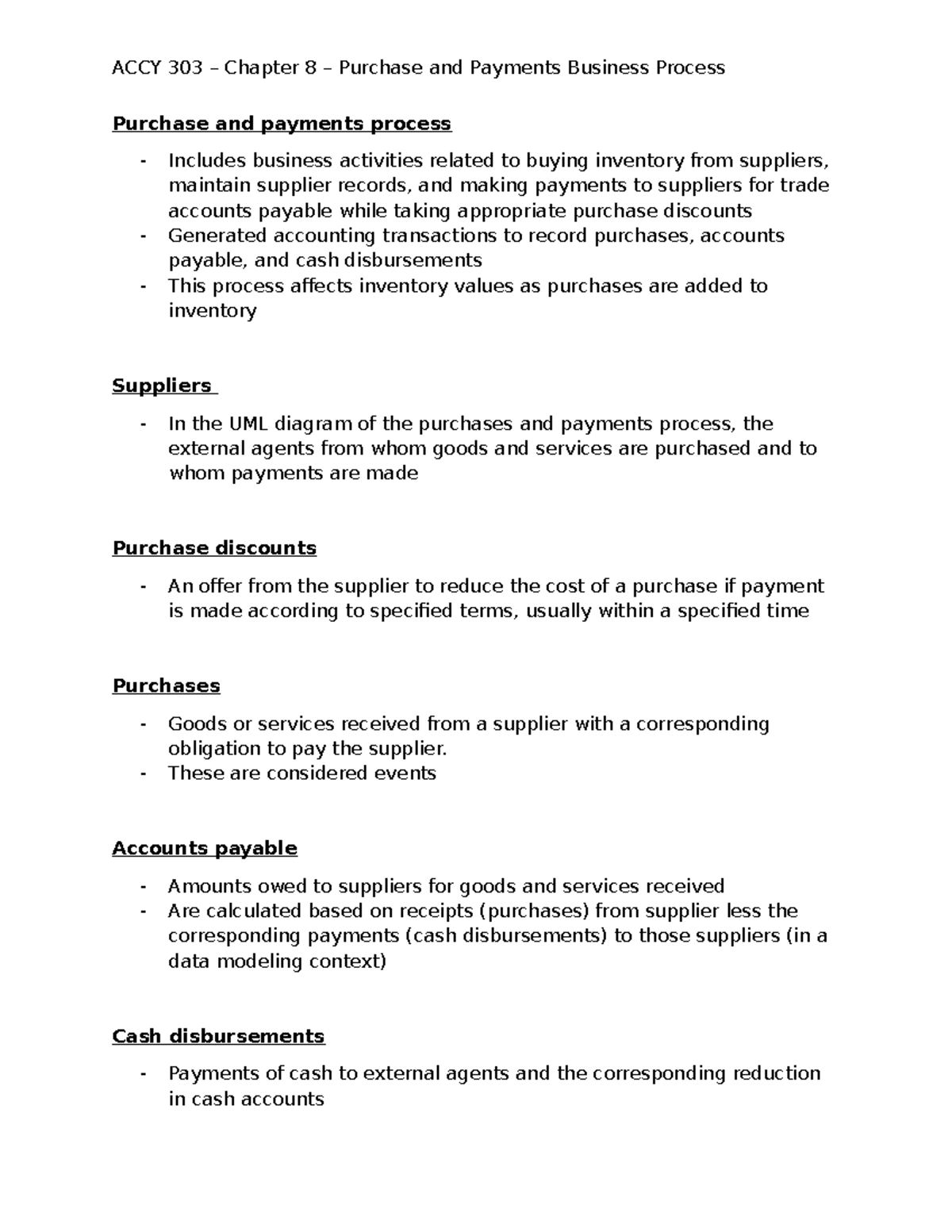 ACCY 303 – Chapter 8 – Purchases and Payments Process Overview - Studocu