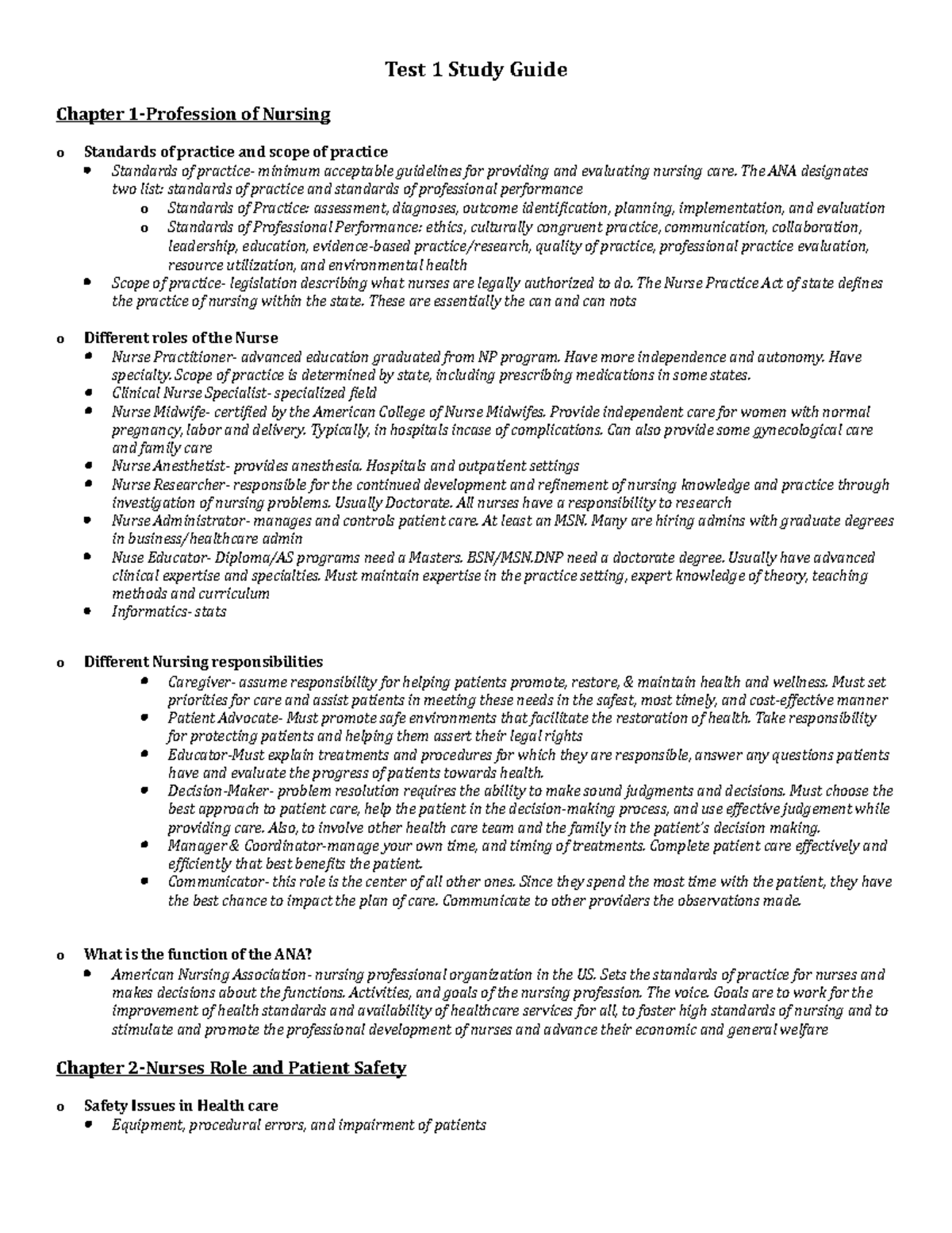NUR 101 Test 1 Study Guide: Fundamentals of Nursing Practice - Studocu